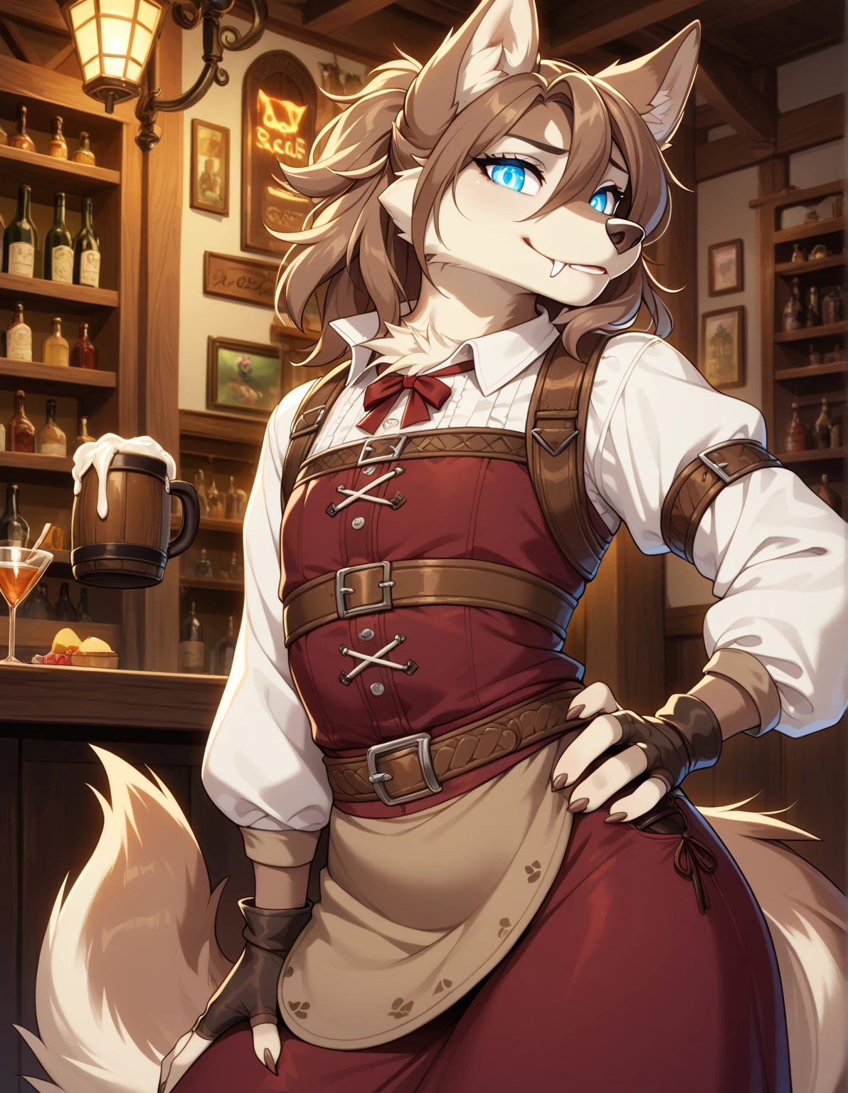 1girl, tail, furry, animal_ears,glowing blue_eyes, brown_hair, belt, looking_at_viewer, furry_female, gloves, wolf_tail, sad smile, wolf_ears, fingerless_gloves, hair_between_eyes,long skirt, hand_on_hip, snout, pouch, brown_gloves, cream white corset, wolf_girl, fangs, medium_hair, long_sleeves, brown_belt, artist_name, tavern outfit, flat chested