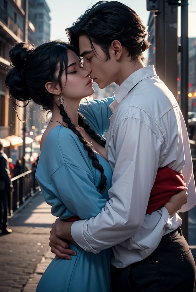  The scene shows two women in an intimate and romantic moment .  They are placed under dim lighting that highlights their expressions and contrasting personalities .  The first woman has electric blue hair ,  long and styled in two messy braids ,  reflecting a chaotic and passionate spirit .  His eyes shine with intensity ,  as if they were hiding a storm of complex emotions .  He wears a casual and rebellious outfit ,  with details that show her indomitable nature .

 Women have hair dark blue gathered in a tall and tidy ponytail ,  projecting serenity and control .  His face is soft and calm ,  with a look that transmits understanding and affection . dress elegantly,  reflecting their refined door and disciplined nature .

 Both are hugging each other tightly ,  sharing a kiss full of emotions ,  as if the surrounding world had ceased to exist .  The contrast between their chaos and calm creates a unique harmony .  The background is a bridge with a view of Piltover and Zathan A ,  the bright lights of the city contrast with the deep shadows that represent the challenges of their relationship.

 The scene is imbued with vulnerability and connection ,  symbolizing the struggle between their differences and the bond that unites them .  The lighting plays with their silhouettes ,  highlighting the details of the hair , the clothes and the expressions ,  while the urban background gives context to their story .