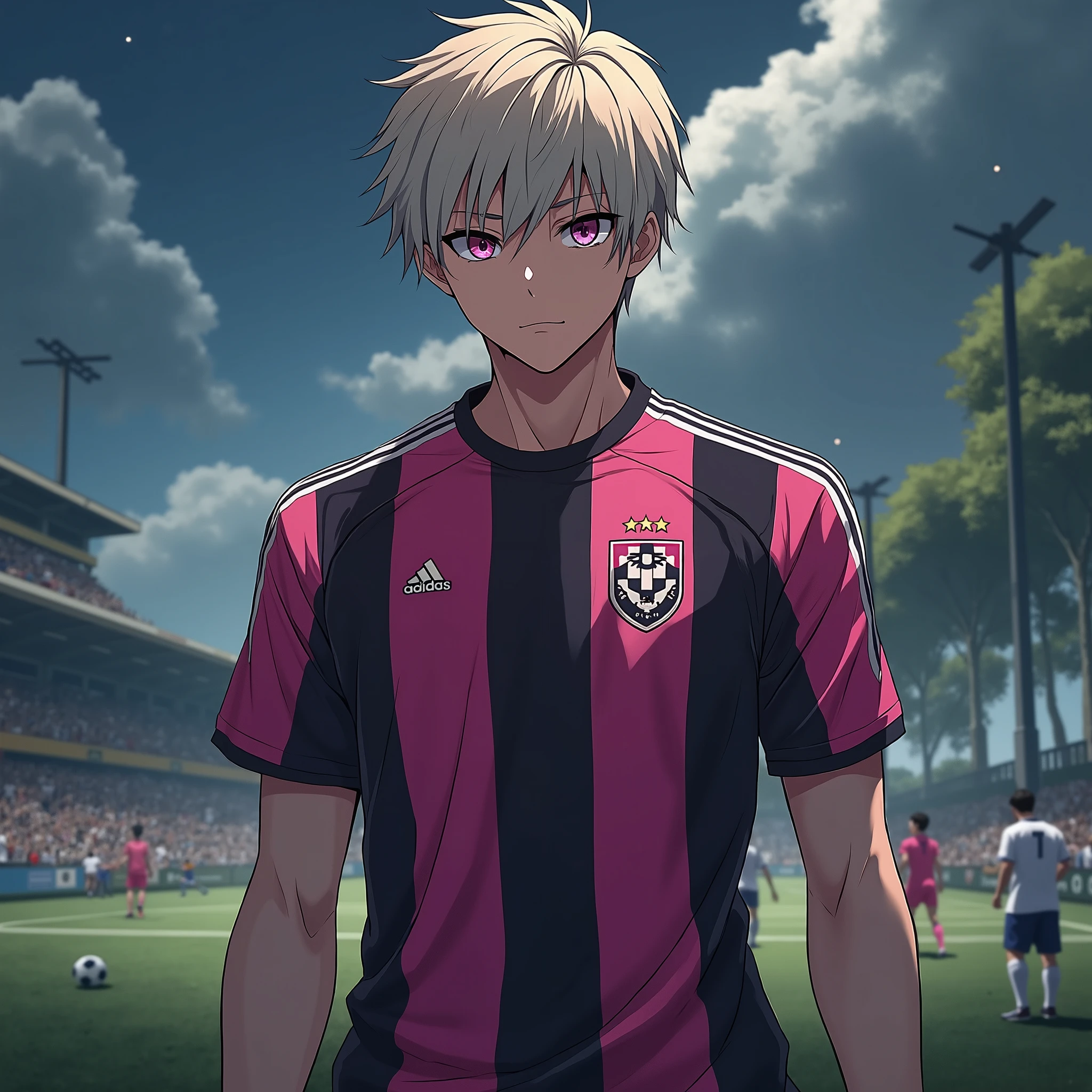 Nagi Seichirou, anime boy, teen, mature,  pink and black soccer uniform , light hair,  multicolored eyes , soccer camp, fullbody, Dark aura