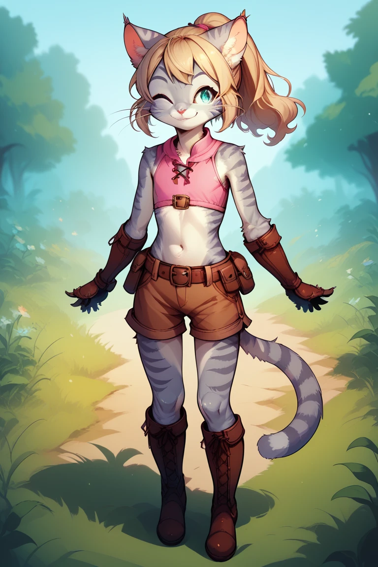 Score_9, score_8_up, score_7_up, Kat, Anthro, Anthro furry feline girl, grey striped fur, flat chest, small, young, cub, short white hair, ponytail, standing, pink top, midriff, belt, brown shorts, gloves, brown boots, hip vent, outdoors, smiling, winking, cute, playful pose, full body view, 