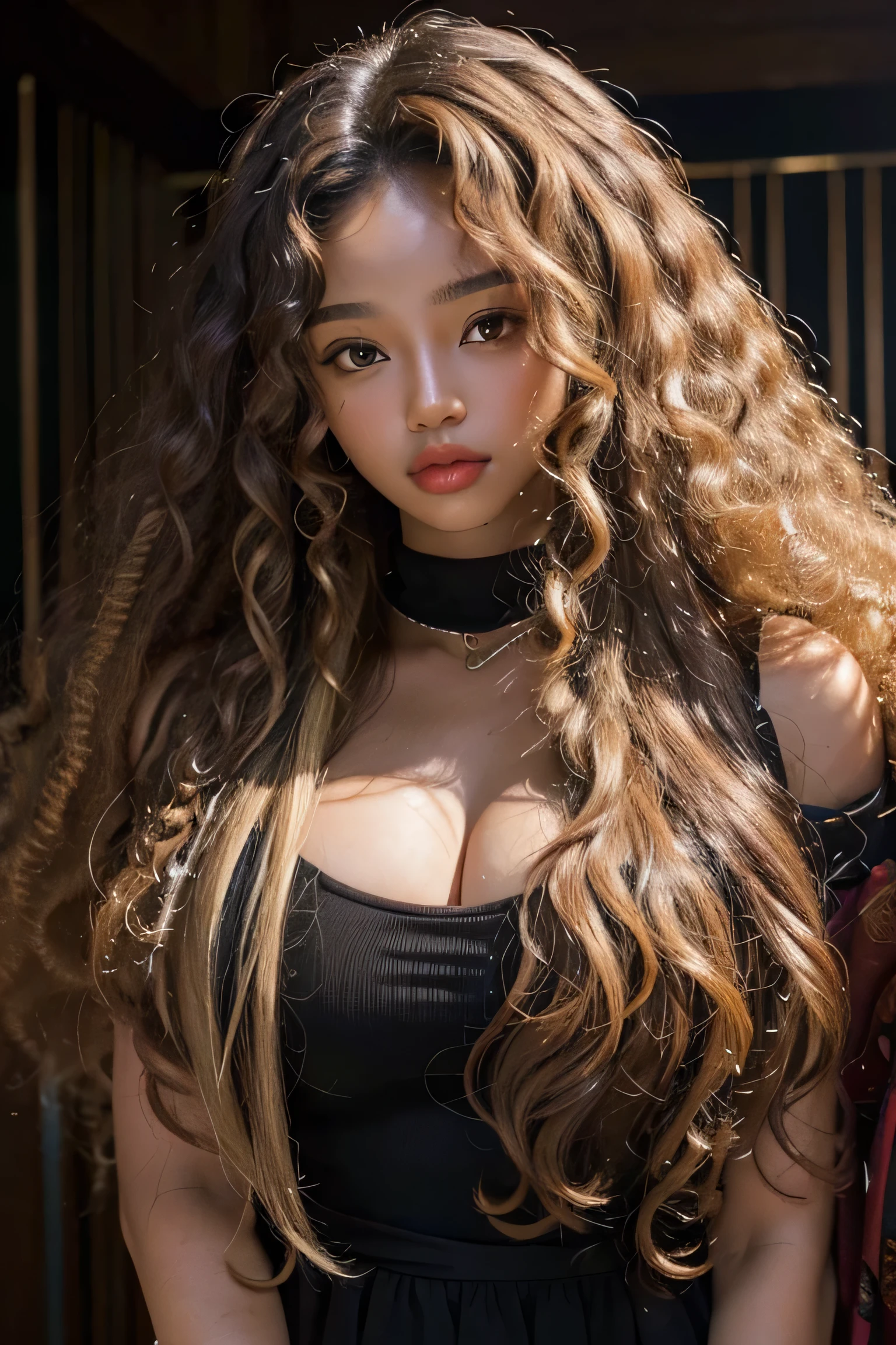 masterpiece, best quality, beautiful black mixed 19 year old, light brown skin female, long, frizzy, curly blond hair, perfect face, half body, long blond curly hair, melanin