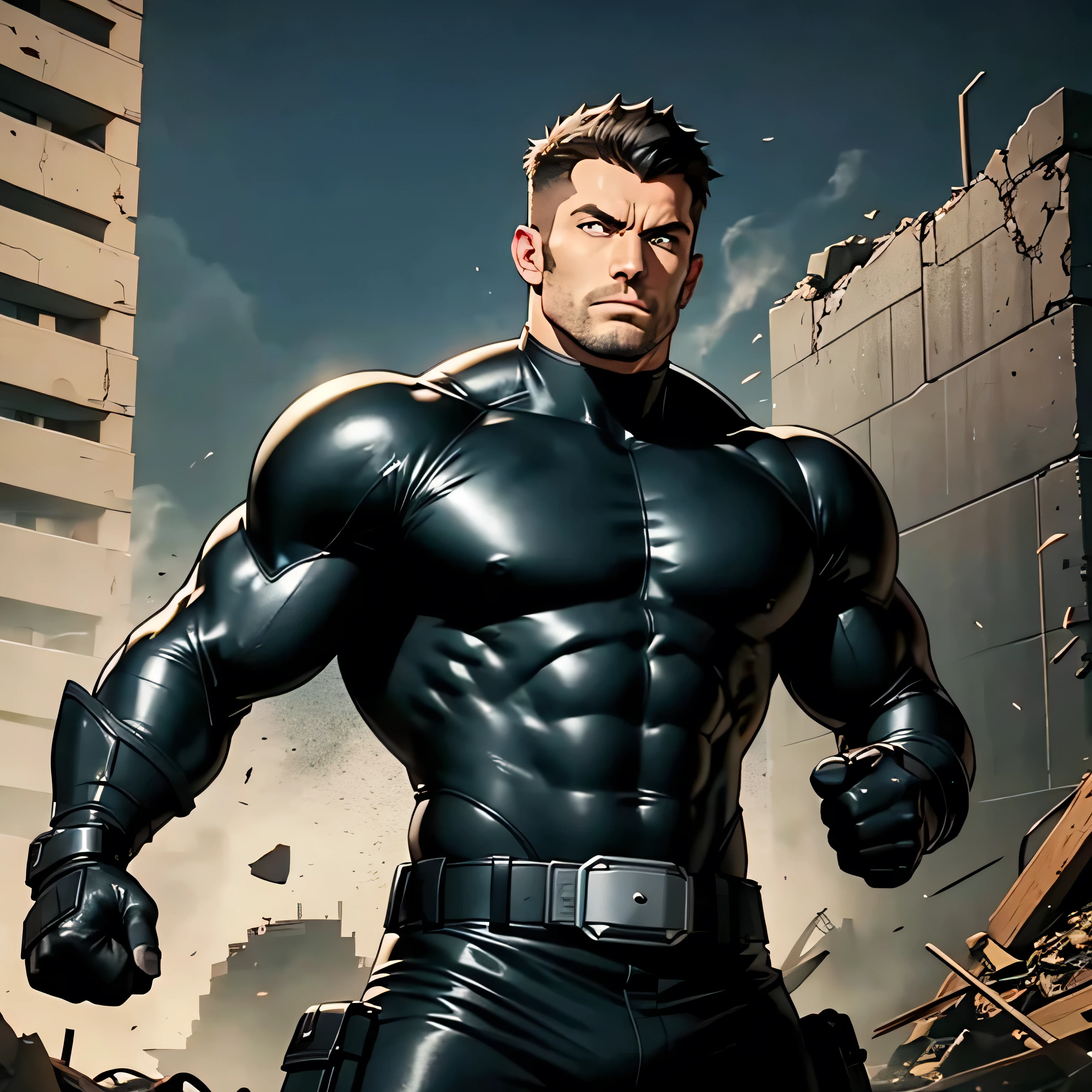 analog style, masterpiece, best quality, highres, realistic, cinematic portrait of Robert Irvine as a smug young handsome extremely muscular superhero bodybuilder with black hair wearing a black leather wetsuit with leather gloves and a utility belt, background a city, high detail, sharp focus, detailed background, vivid colours, steroids, heartthrob, daddy, powerful chest, smirk