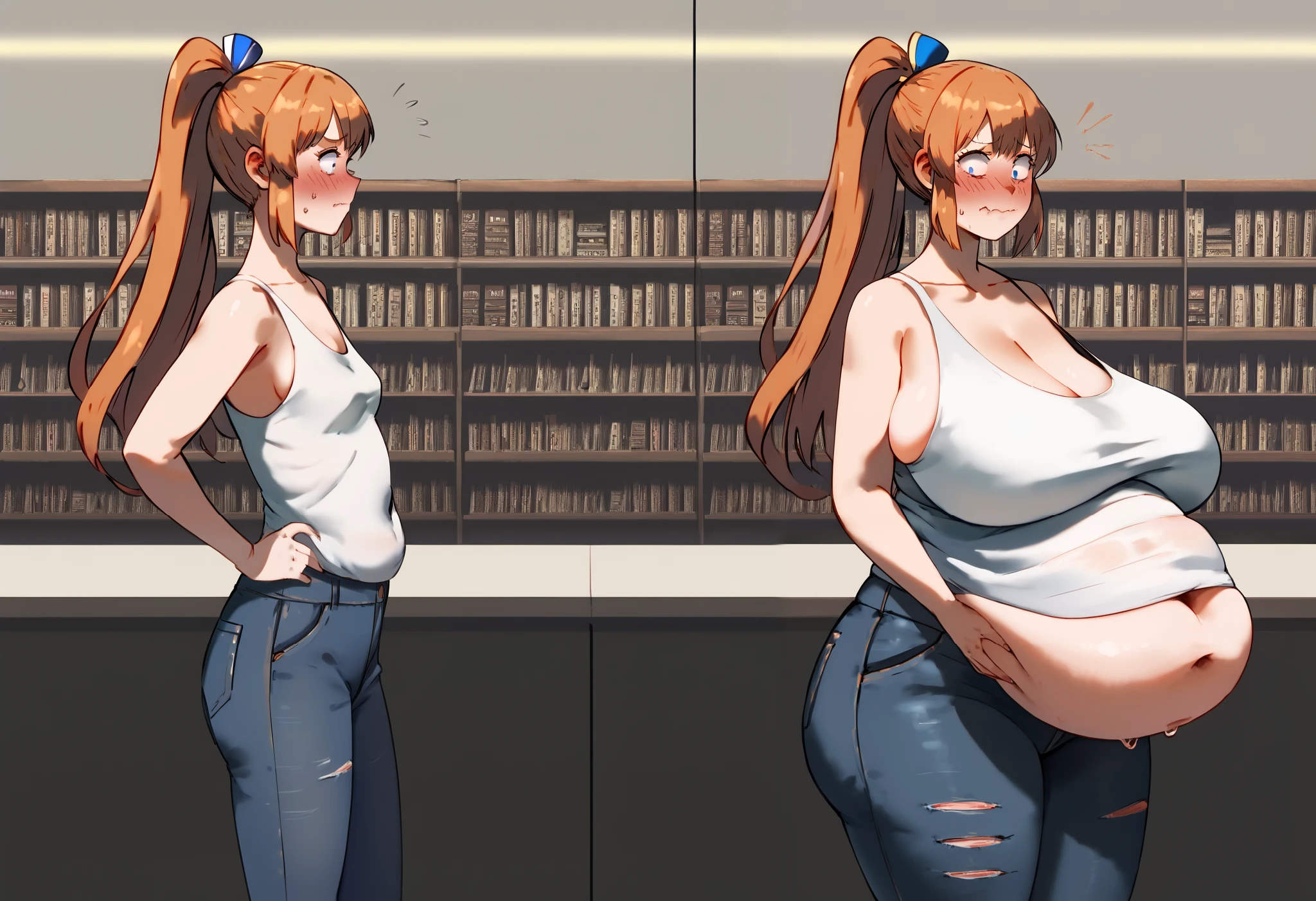 One nerdy librarian girl, (very skinny girl, small breasts before), (very swollen girl,  bloated belly, massive sagging breasts after) shocked and embarrassed emotions, (same clothes, same color clothes), (wearing white tanktop woth black jeans and a ponytail), (before and after) (same clothes, same color clothes), bloated belly, (huge breasts), (weight gain), (), by wlop, (inside a library), from the side, n4g4