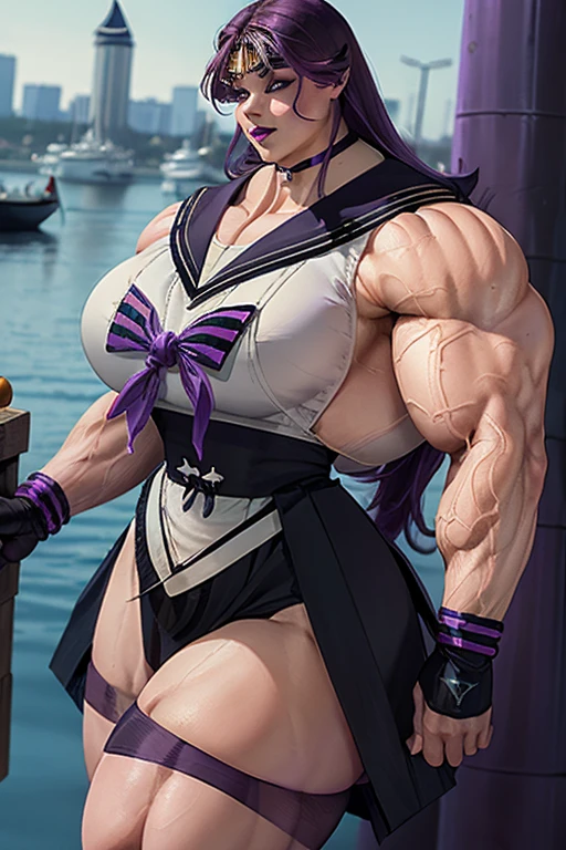 Hugo, NFFSW, (purple hair), long hair, bangs, (purple eyes: 1.1), (large breasts: 1.2), (very short and sexy bikini), (muscular thighs), skinny legs, (body thin), muscular abdomen, thin waist, wide hips, wearing a black high-heeled shoe, black gloves, hair ribbon, red bow, ribbon bow, breaking looking at the viewer, breaking billboards, breaking (masutepiece: 1.2), evil smile、(standing)、beautiful legs、(((showing her big hard ass to me)))、in the motel room、