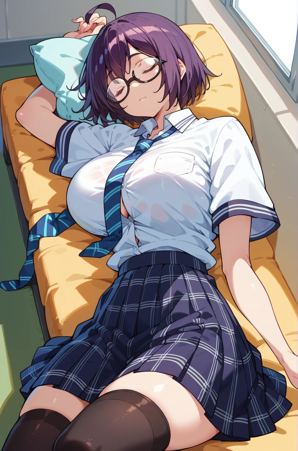 score_9, score_8_up, score_7_up, score_6_up, score_5_up, score_4_up, (source_anime), Delicate beautiful girl, spread legs, tactile hair, black hair, glasses, kindergarten, big breasts, smock, brainwashed, hollow eyes, sweaty, cum in pussy(((NSFW)))((question mark))((lower body))