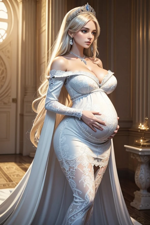 8k, masterpiece, very realistic, Full body (Sexy pregnant queen 1.2), very slim waist, slim thighs, elaborate detailed light blue detailed embroidered formal dress, long straight flowing wavy (light white and brown hair 1.2), elaborate detailed patterned white stockings, medium breasts, pregnant, (curved back 1.2), silver tiara with light blue gems