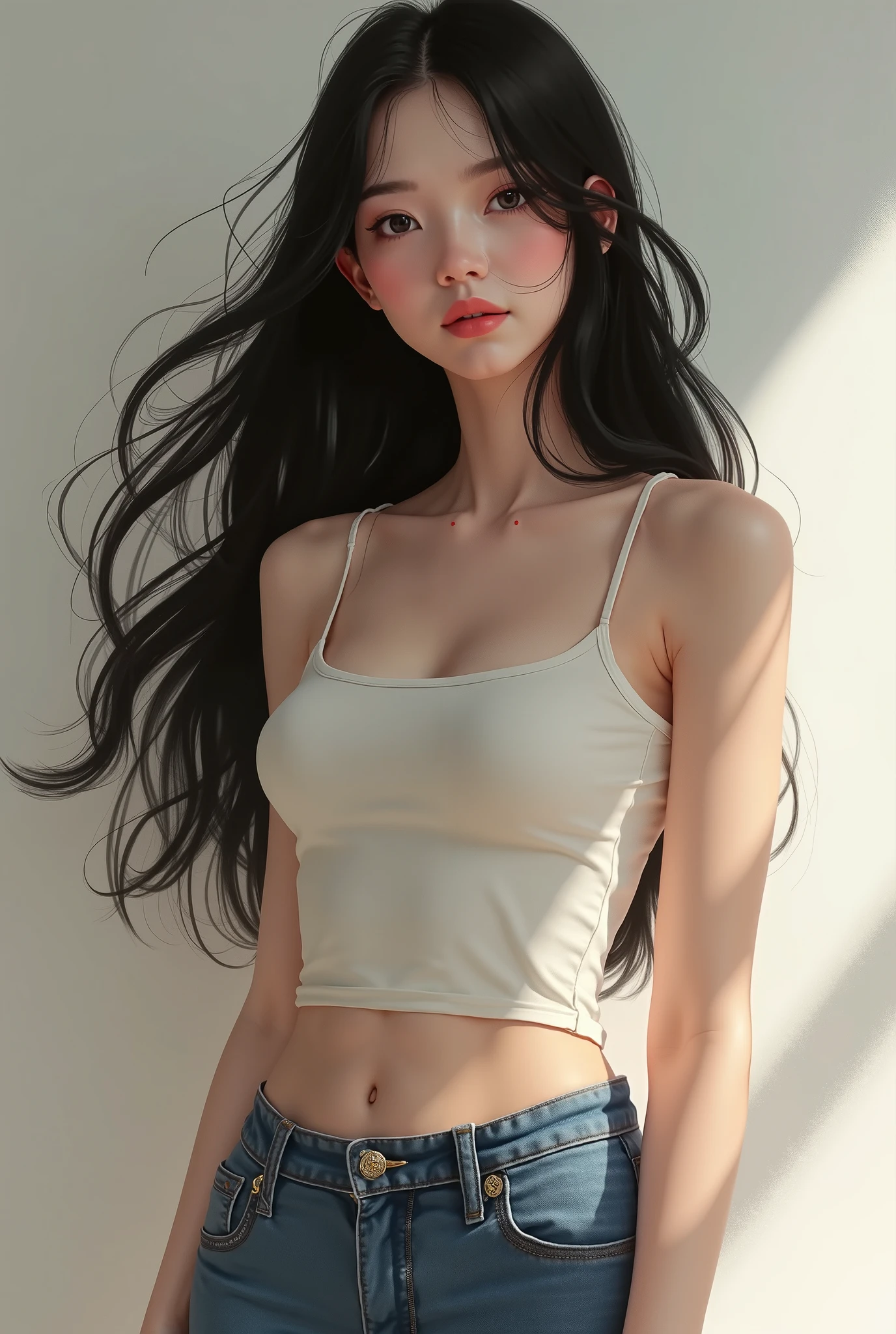 Cute realistic Japanese woman with long black hair wearing a tank top and sweat shorts