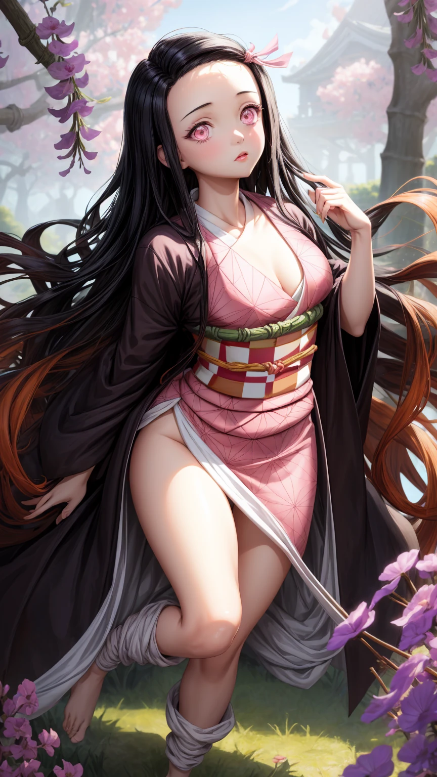 masterpiece, (pink kimono), seductive face, good lighting, décolleté, fine details, masterpiece, glowing eyes, 1girl, black hair, gag, bamboo, Nezuko Kamado, wisteria background, masterpiece, best quality, POV, whole body, wide hips,