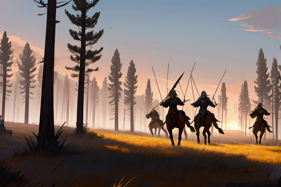 A vast training ground stretches out beneath a golden dusk sky, with dark elves with dark skin spread out in formation on the horizon. The scene is abuzz with coordinated activity: groups practice hand-to-hand combat, the glint of blades reflecting the sunlight; archers fire arrows accurately at distant targets; others, with spears and shields, perform synchronized movements. Military tents are scattered across the ground, erected with flags that flutter gently in the wind, representing their allegiances. The ground is a mix of grass and hard-packed earth, marked by footprints and signs of intense training. A light dust rises into the air, mingling with the energy of the place, while sounds of commands and shouts echo in the distance. Tall trees surround the field, creating a dramatic contrast to the vibrant movement of the elves training.