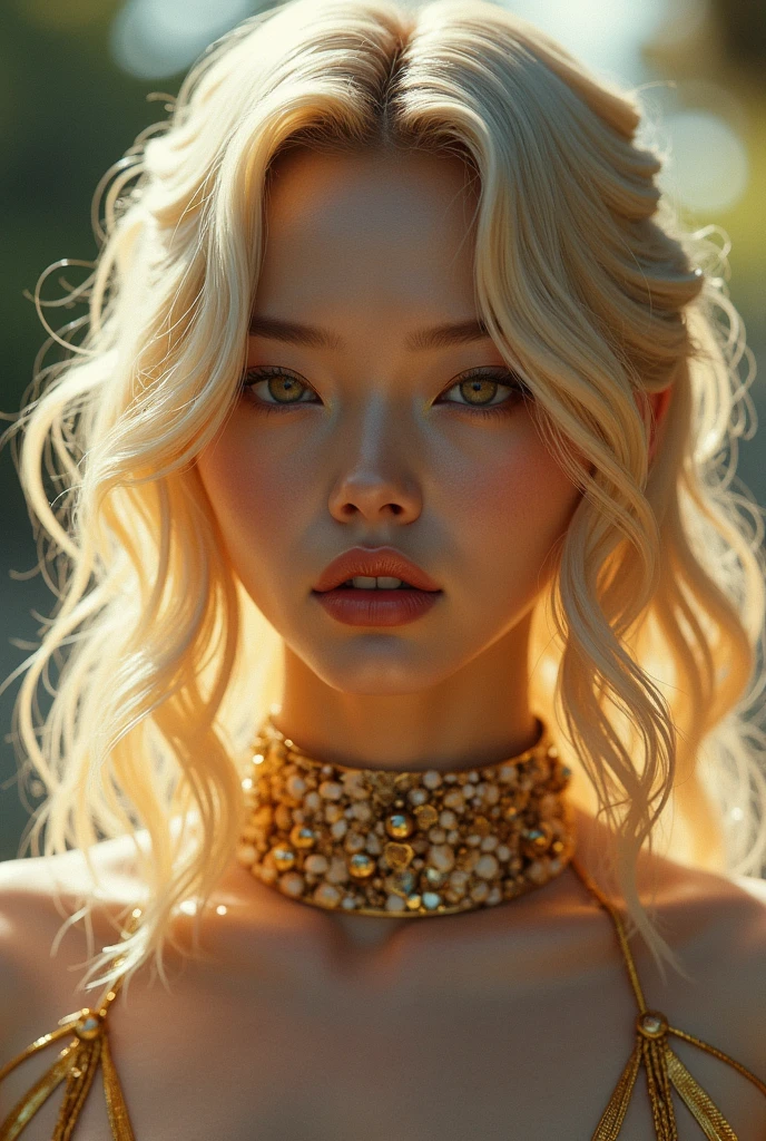 Hyper realistic , ultra detailed, torso photo of beautiful Asian American woman with long, copper colored hair and full lips. Front facing, golden hoop earrings, ultra detailed, ultra accurate detailed, mascara and long eyelashes, Shot with canon EOS RI camera at 500 mm focal length with a 1.2 aperture. 4k. Heavy makeup and a coy expression.