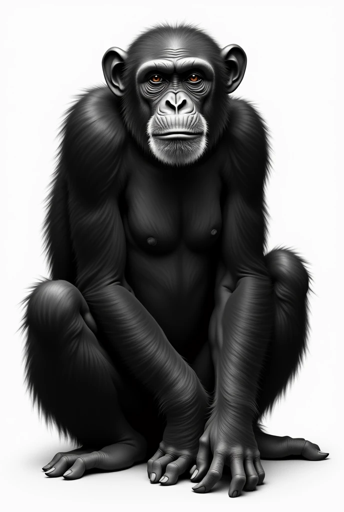 Graphite pencil drawing of Chimpanzee, full body, white background