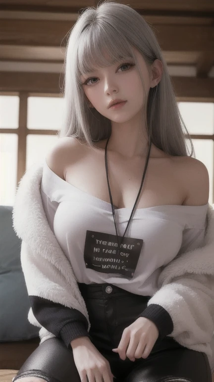 (masterpiece), ( top quality), ( super detailed),( illustrations), ( 1 girl), watching the viewer, (Interview), beautiful detailed eyes,   delicate beautiful face , floating,( high saturation),(Shine),  Big Breasts , , Grey Hair,  white shirt,  red jacket,  fur trim, Open the clothes,  off shoulder ,  black pants , imtdlukac ,  Necklaces , Sleep Mask, Smiled