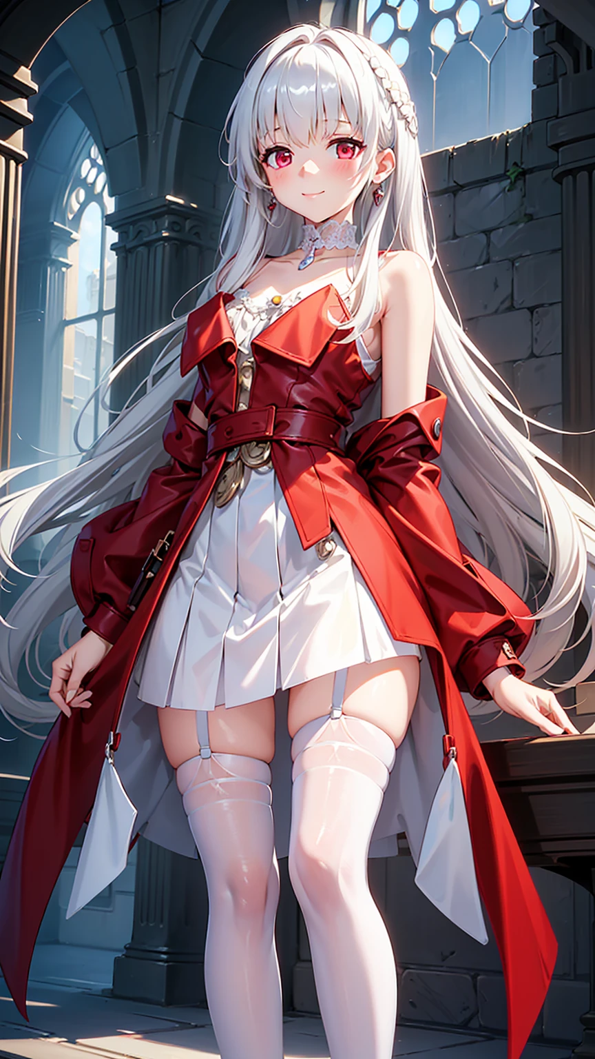 (masterpiece, best quality, ultra-detailed, best shadow), solo girl, silver hair, blue eyes, long hair, medium breasts, sexy body and face, wavy hair, smile, parted lips, red lips, circlet, skirt, bridal gauntlets, jewelry, cape, bare shoulders, sandals, sleeveless dress, red cape, long sleeves, wide sleeves, side slit, white dress, detached sleeves, turtleneck, ribbon, pink dress, fingerless gloves, cafe, sexy pose, cowboy shots,  sharp focus, vibrant, creative, dynamic, high definition, high resolution, 8k, (Upscale: R-ESRGAN 4x+ Anime6mage enchance:4x), voluptuous body, cinema lightning, dakimakura style, looking at the viewer, 
