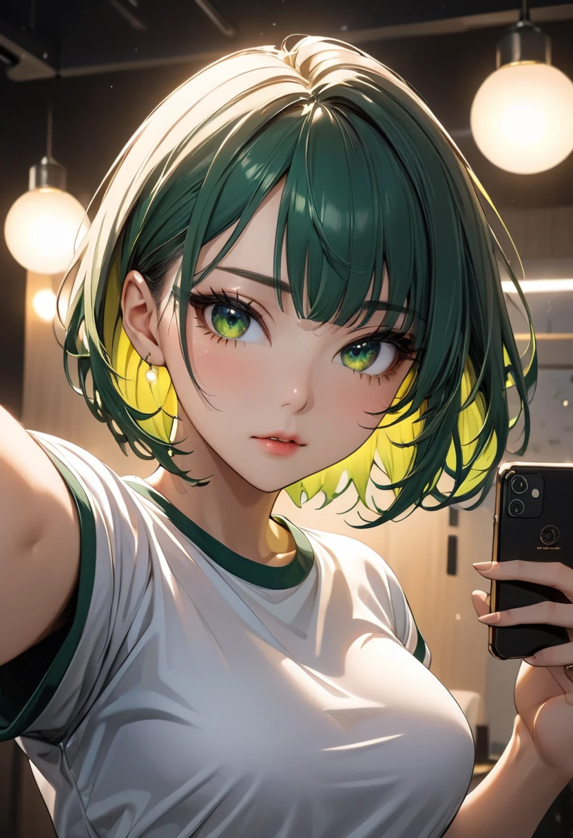  desktop ,  top quality, shape,  very detailed,  exquisite,  high definition , beautiful girl, very beautiful detailed eyes and faces, 30 year old sexy korean woman（ composition from the front, take a selfie with your smartphone:1.3),soft lights,soft lighting,break,Superhero Clothing,golden inner color hair, green eyes,Mr.々Expression，Lovely expression， short bob hair,Asymmetrical Hair, sexy pose--chaos 90 --ar3:4 --sref 4220520078 --personalize dg2k8l2 --v 6.1