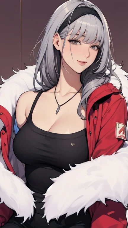 (masterpiece), ( top quality), ( super detailed),( illustrations), ( 1 girl), watching the viewer, (Interview), beautiful detailed eyes,   delicate beautiful face , floating,( high saturation),(Shine),  Big Breasts , , Grey Hair,  white shirt,  red jacket,  fur trim, Open the clothes,  off shoulder ,  black pants , imtdlukac ,  Necklaces , Sleep Mask, Smiled