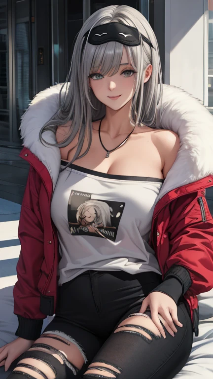 (masterpiece), ( top quality), ( super detailed),( illustrations), ( 1 girl), watching the viewer, (Interview), beautiful detailed eyes,   delicate beautiful face , floating,( high saturation),(Shine),  Big Breasts , , Grey Hair,  white shirt,  red jacket,  fur trim, Open the clothes,  off shoulder ,  black pants , imtdlukac ,  Necklaces , Sleep Mask, Smiled