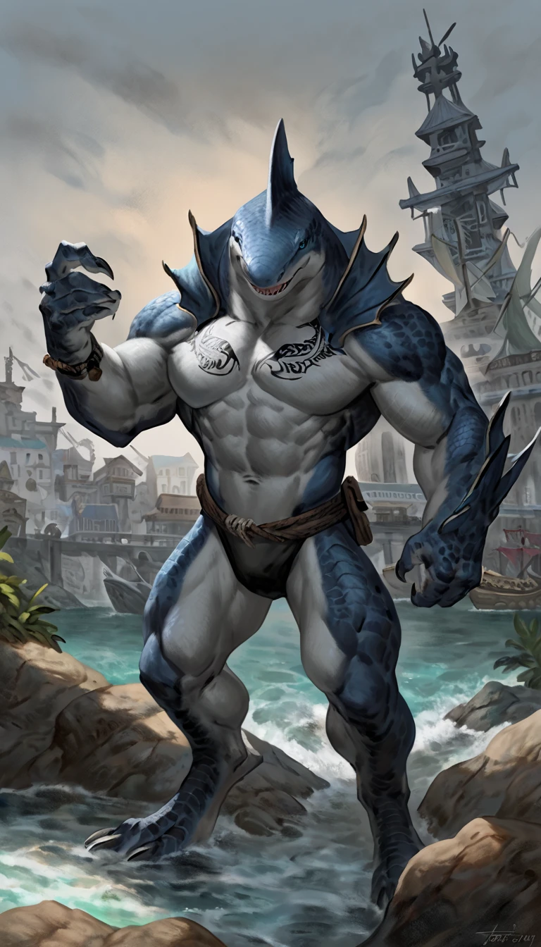 sharkman, gray belly, black and blue hands and fins, black back, solo, big arms, koholasaurus from genshin impact, bara, detailed smooth skin on abs, lizard shark hybrid, anthro, closed mouth, detailed scales, muscular, scales on arms and legs, proporcional body, wide chest, trapezoid body type, marked jaw, thick shark tail, best quality, 4k, ultra-detailed, by Buta99, by taran fiddler, by honovy, detailed illustration of 4K horror, port scenery, pirate tattoos on the body, standing near water