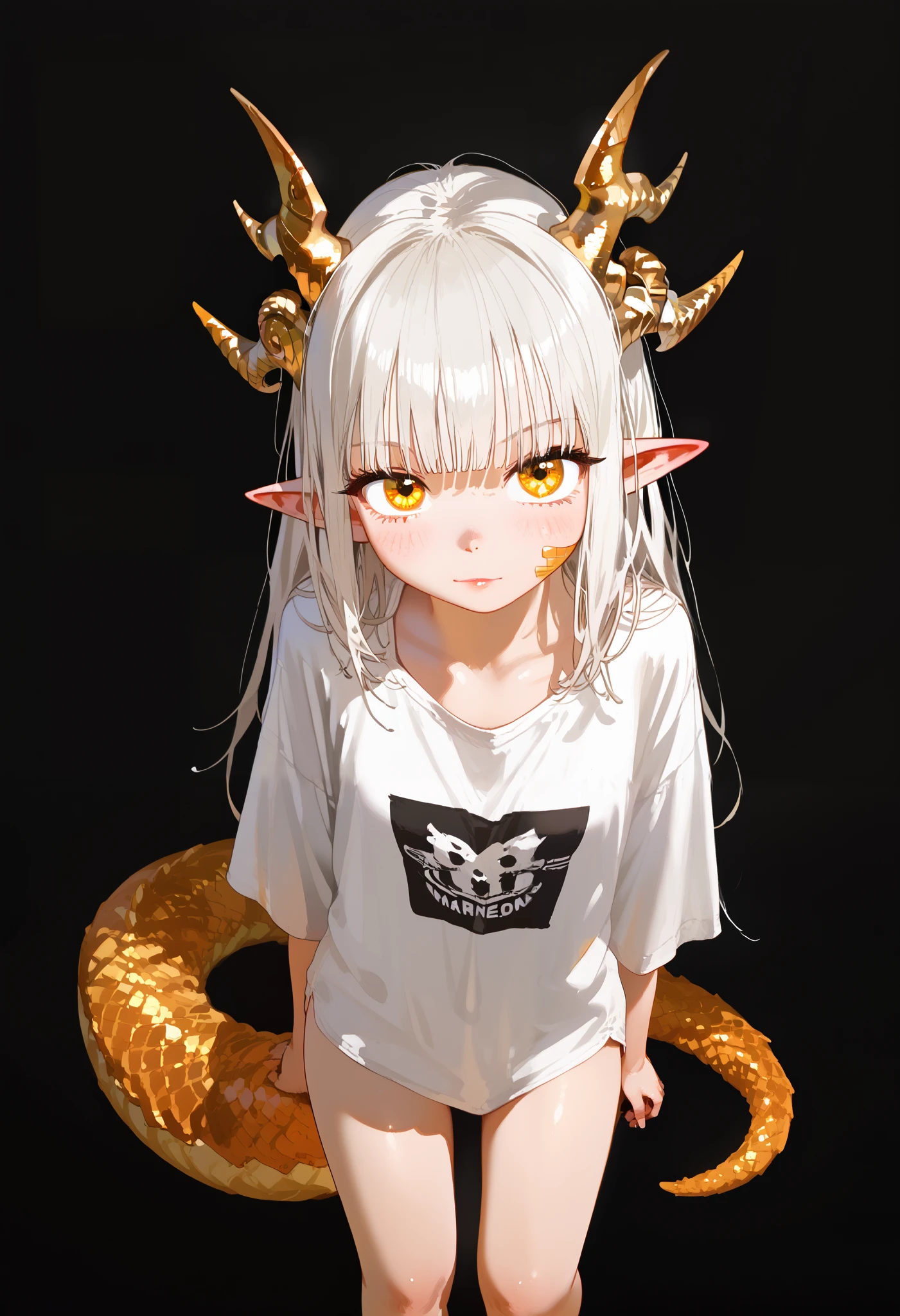 1 , Alone,  long hair,  white hair, Split fringe ,  short bangs,  detailed,  yellow-eyed, Dragon girl,  golden dragon horns ,  dragon tail , golden  dragon tail , pointy ears,  golden scales on the cheek,  wearing a white shirt , camisa oversized, ombro no, bare legs,  arms on the sides , Tiro de Cowboy,   black background,  simple background ,   masterpiece ,  best quality , score_9, score_8_above, score_7_above, score_6_above