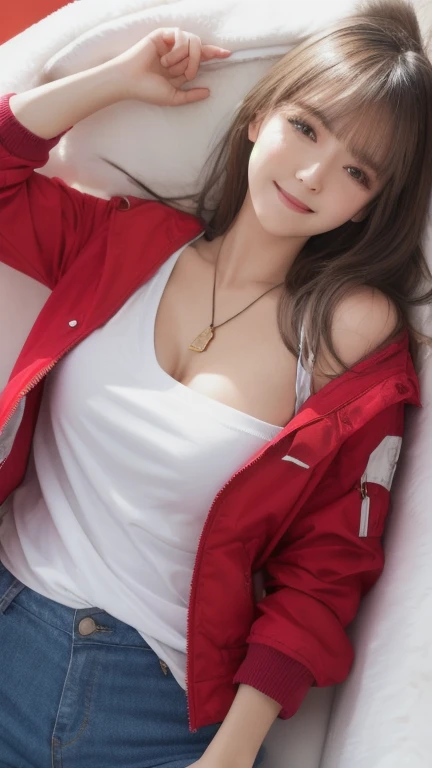 (masterpiece), ( top quality), ( super detailed),( illustrations), ( 1 girl), watching the viewer, (Interview), beautiful detailed eyes,   delicate beautiful face , floating,( high saturation),(Shine),  Big Breasts , , Grey Hair,  white shirt,  red jacket,  fur trim, Open the clothes,  off shoulder ,  black pants , imtdlukac ,  Necklaces , Sleep Mask, Smiled