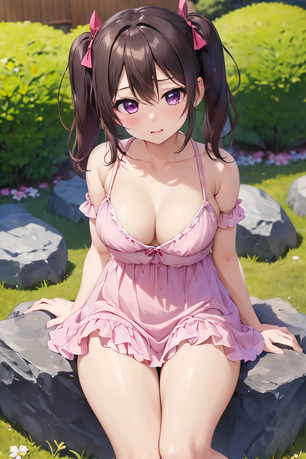 masterpiece,  top quality, Nico_Erosion, high definition ,  girl1人, Alone,  brown hair , ,  Twin Tails 、purple eyes,  cowboy shot ,  ruffle dress, , Pink too short dress, (( clevis on a stone))、(  beautiful thighs)、city,  outdoor, garden,Big Breasts, ((Big Breastsでとても可愛らしい幼い子供の顔:1.25))、  girl、ChibiCute:1.5、nsfw