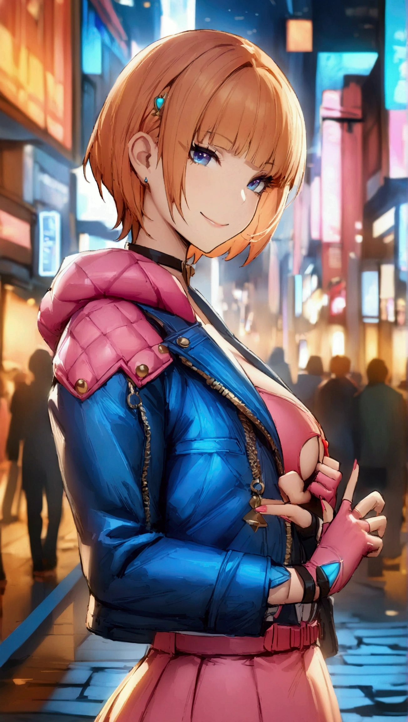 1girl,cowboy shot, beautiful nora_valkyrie, looking at viewer, smile, short hair, blue eyes,heart cutout, gloves,  jacket, pink skirt, pink belt, short sleeves, puffy sleeves, single armband, fingerless gloves, orange hair, pink gloves, dynamic pose, night, outdoors, city, (volumetric lighting), best quality, masterpiece, intricate details, tonemapping, sharp focus, hyper detailed, trending on Artstation,