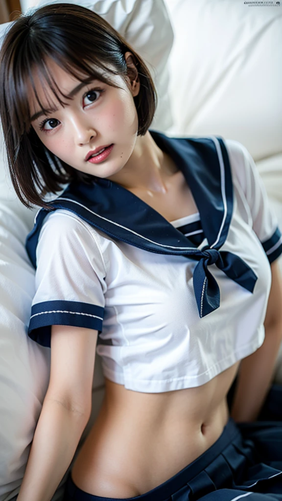 ulzzang-6500-v1.1, (Raw photo:1.2), (Photorealism), Beautiful detailed girl, Very detailed eyes and face, Beautiful detailed eyes, Huge file size, (Big), High Resolution, Very detailed, Best quality, [Masterpiece:1.6], [JK Uniform], Illustration, Very detailed, CG, Fine detail, Best quality, Very detailed CG uniform 8k wallpaper, Movie Lighting, 1 girl, 17 years old, cute Japan high school girl, perfect figure, [white school blouse unbuttoned, bra visible], large taut breasts, [huge breasts, heavy breasts, H cup: 1.9], cute droopy eyes, beautiful big eyes, no bra, sweaty and wet, [sexual arousal: 1.1], lying in bed: 1.5], hands raised, school uniform ribbon around neck, smile, (the whole body is wet), shining eyes, big breasts, big, big, head on pillow, stomach, button open