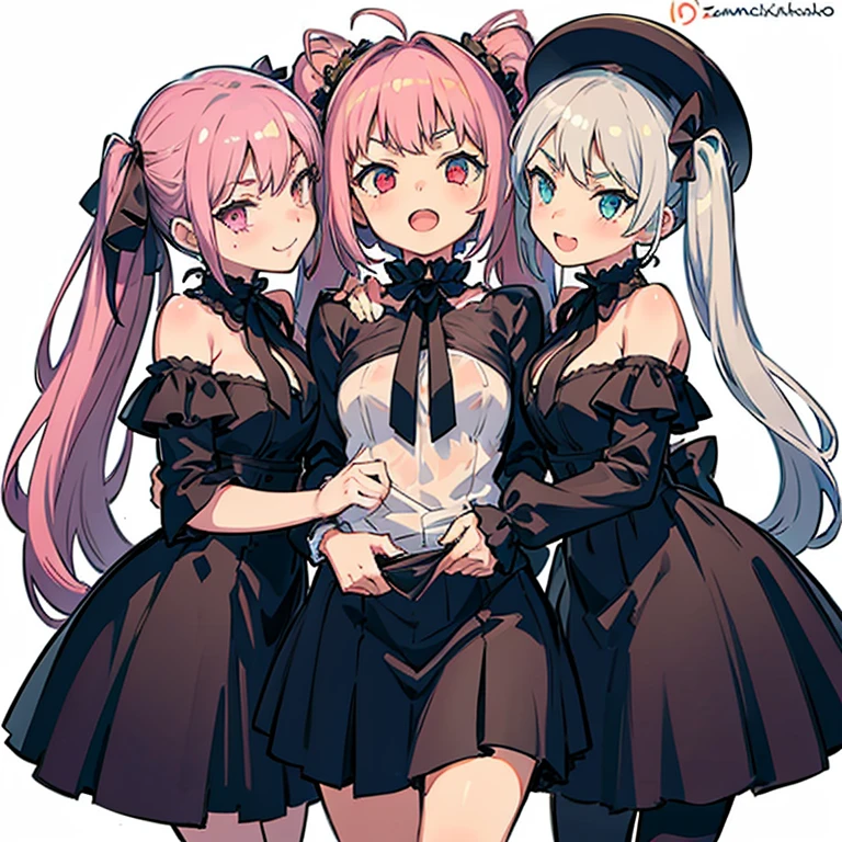 Girl with pink hair, long twin-tail hairstyle, ((small pink bushy eyebrows)), dressed in gothic lolita clothing, lolicon (Zankuro) drawing style by zankuro artist, Zancro style, image uploaded to R34, flirty smile, lifting her dress to show her wide, naked hips, underwear in her hands, breasts out