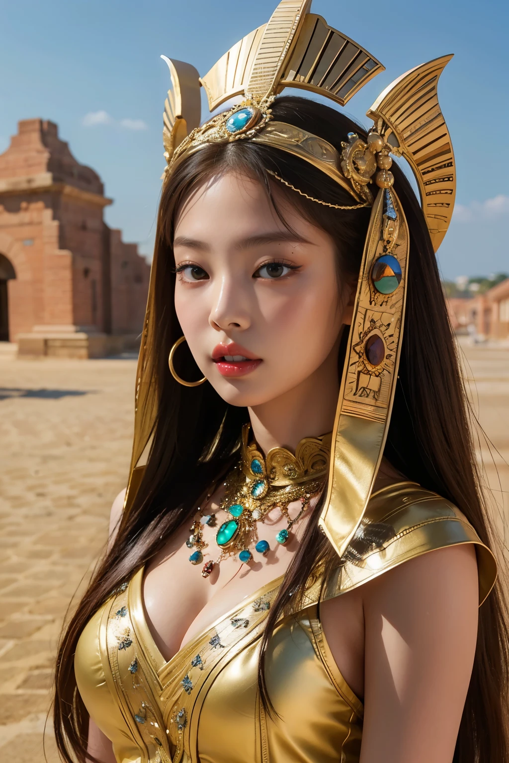 black pink jennie, almond eyes, full lips, large and voluptuous breasts . flirtatious look