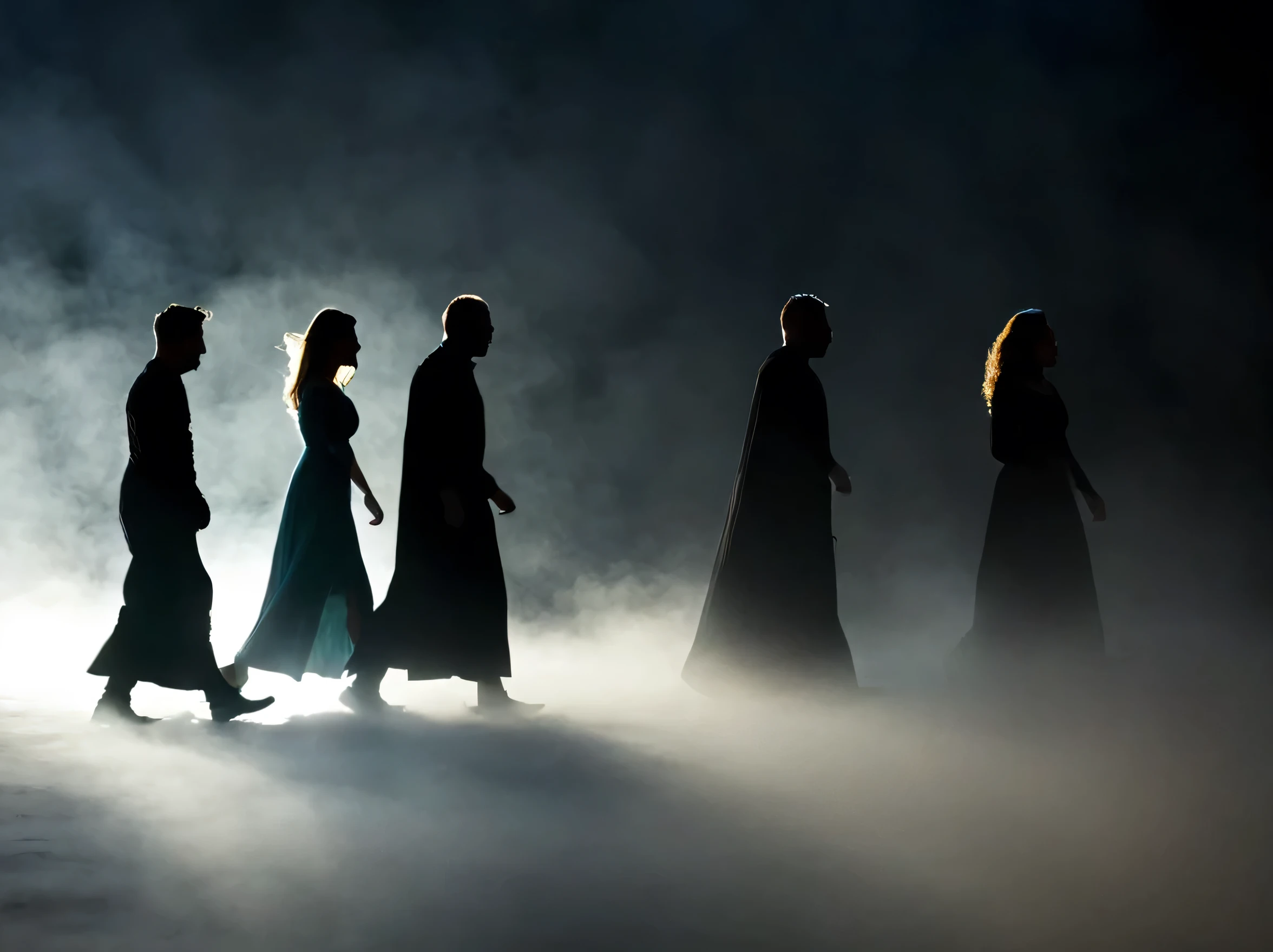 Silhouette of 7 people men and women wearing floor-length dresses ,  tunics walking from left to right against the light, in a dark environment with fog 