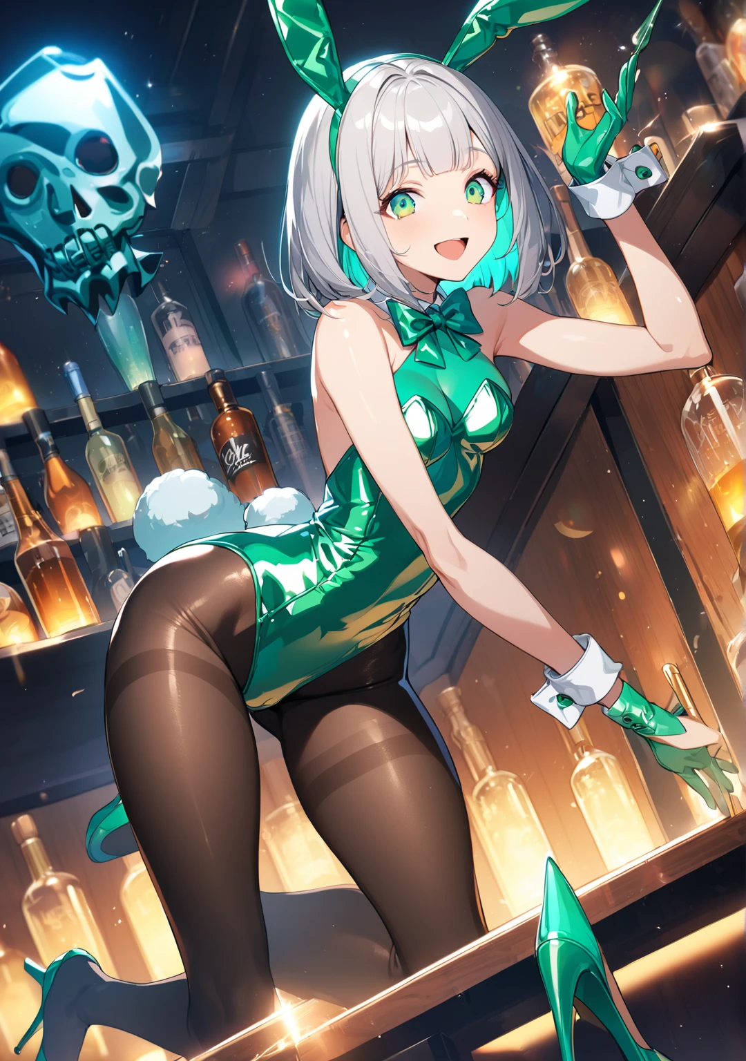(Chibi:1.3), group_photo, (half closed eyes, green eyes), (detailed eyes), full body, indoors, on the table, Happy smile, (mechanical bunny girl: 1.1), (golden leotard), rabbit ears, rabbit tail, headphone, (blonde hair, bob cut), (cyberpunk), (bar), counter, wine, whiskey, bourbon, neon signboard, (Nendoroid),