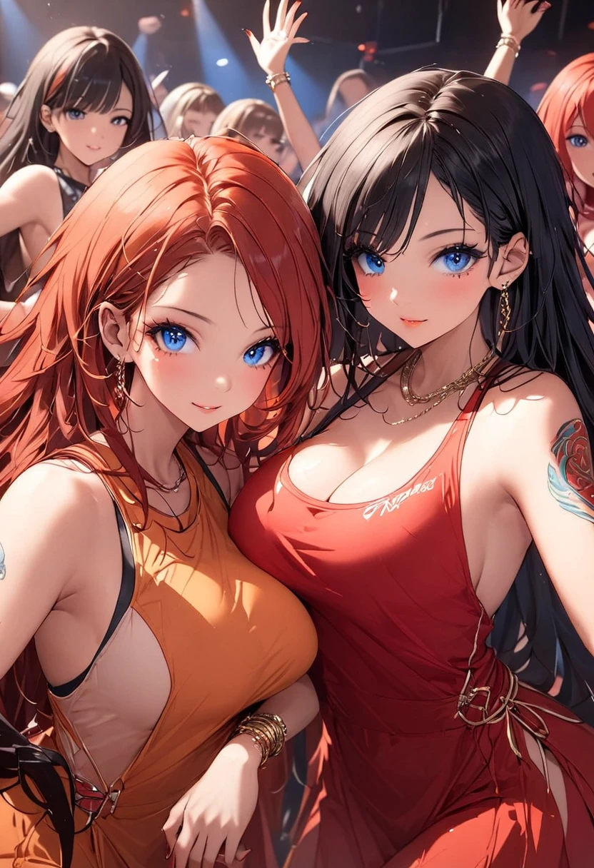  Group of young girls in multiracial costumes dancing in a nightclub lights alcoholic drinks smoking red costume .orange top.  bodies Athletic big breasts big buttocks long loose hair black eyelashes long nails made up red blue eyes tattoos 