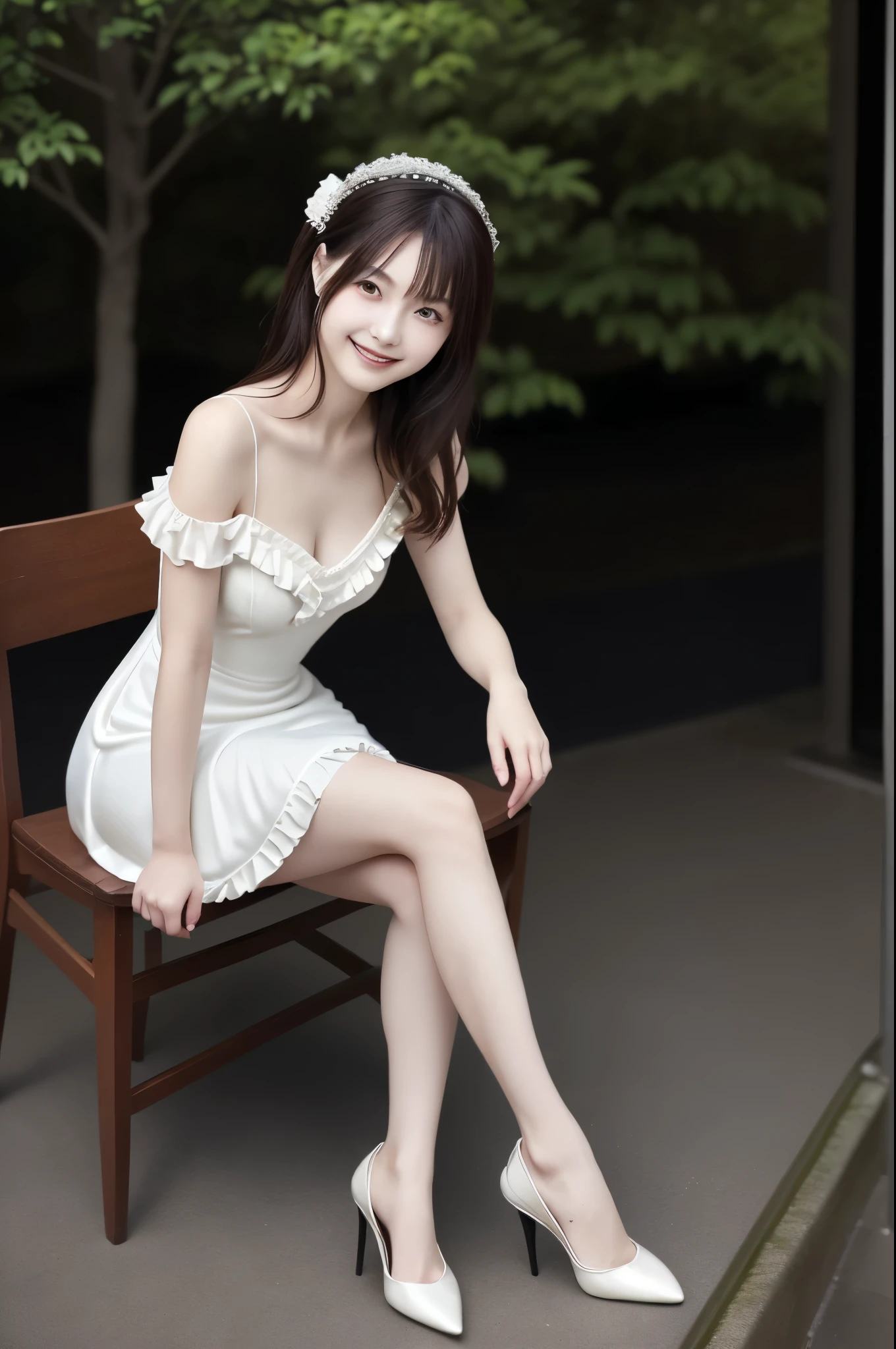 Japanese model woman is sitting on a chair wearing a dress and heels, Elegant Dress , white and black dress , romantic dress, Rococo style ruffle dress , Feminine Girly Dress , wearing an Elegant Dress , royal elegant pose , Wear a white dress 、 looking at the camera、Detailed and beautiful eyes、 cute smile、Soft and gentle relaxed expression