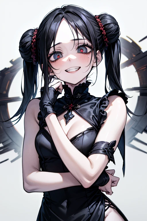 (hands behind head), (Masterpiece: 1.2, top quality), (live action, elaborate detail), (anatomically correct), (one girl, upper body, small breasts, provocative eyes, scowl, scary mood, distorted eyes, distorted expression, evil smile, bloodshot eyes, blood splatter, full body, Chinese dress, Twintails in a bun (black hair), black hair, pale, morbid, crazy eyes, (grin), mixed media art