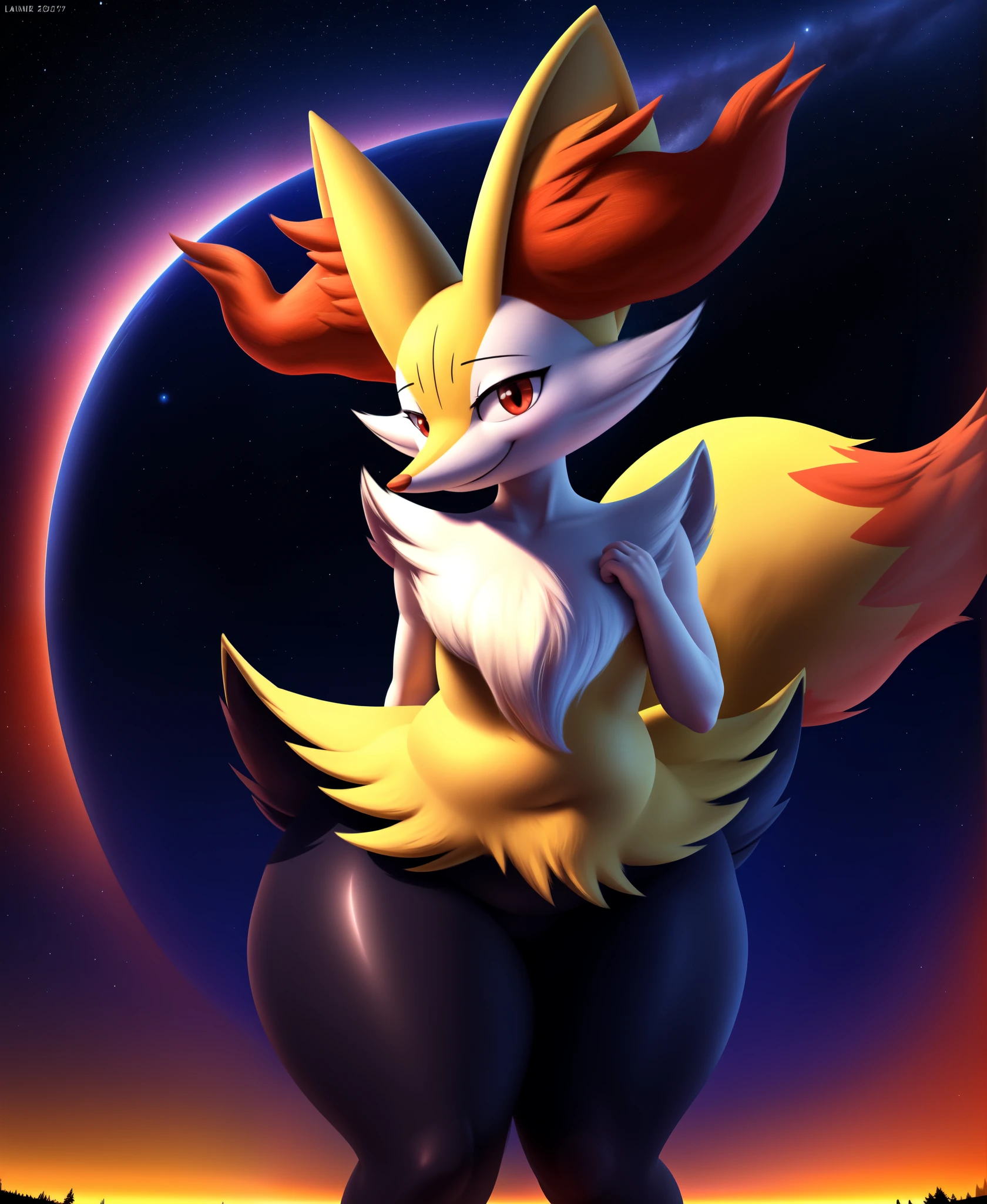 real e621, photorealistic, masterpiece, Braixen_(pokemon), looking at viewer, sharp red eyes, full body portrait, sweet smile, humanoid furry body, sexy, chubby thighs, thicc thighs, sexy pose, full body, sensual, female charm, smiling, nigh sky, brilliant stars and cosmos, dark blu night sky