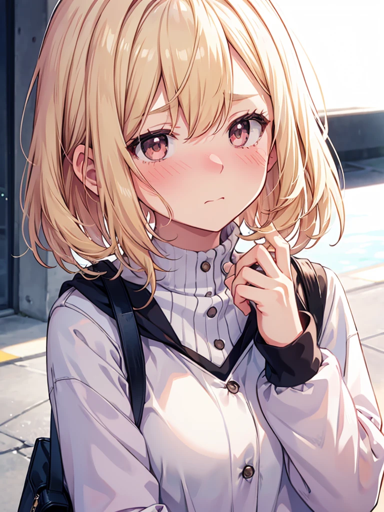 1girl,  small breasts,various clothes various colors
face close-up,raise your hand,I can see the side,
eliminate shadows
blonde hair,short hair,blonde eyes,blush, nose blush, embarrassed,very embarrassed,face forward,best quality, high definition , masterpiece,  Minimalist , accurate, 