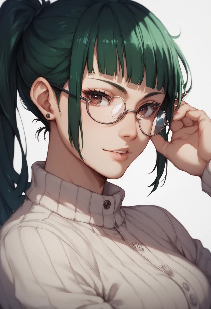 (/Maki Zenin/), Anime artstyle, metal round glasses, dark green hair, Brown eyes