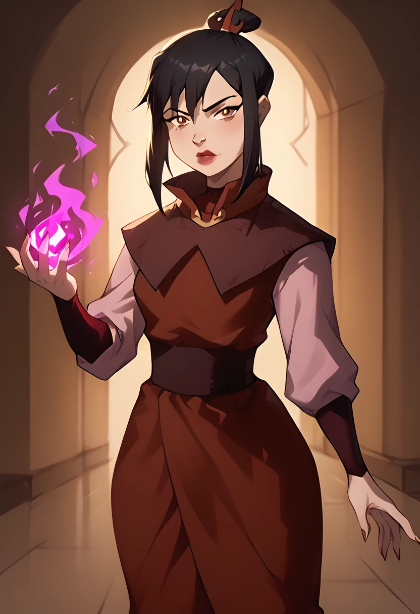 Azula from Avatar The Last Airbender wearing a sexy version of Charmcaster's outfit from Ben 10, a tight lavender and purple dress with magical rune patterns, a high slit to reveal her thick thighs, paired with knee-high boots and long gloves, her figure is curvy with large breasts, a slim waist, and thick thighs, her face retains Azula's sharp and defined features, her expression is confident and mischievous, her hair is styled elegantly with streaks of silver to match Charmcaster's theme, she holds a glowing spellbook in one hand, the setting is dark and magical with swirling mystical energy, there are no elements or colors related to the Fire Nation"