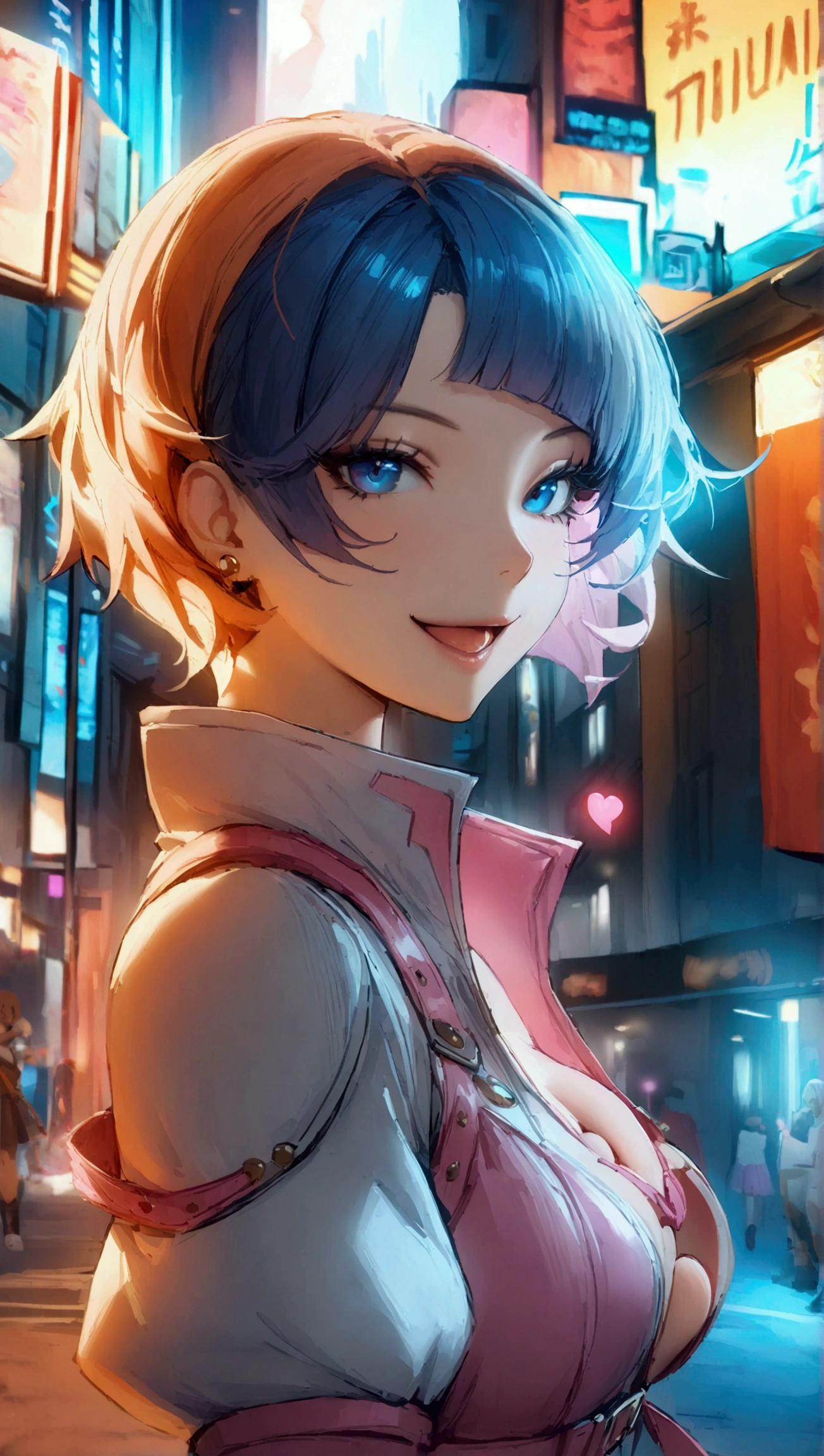 1girl,cowboy shot, beautiful nora_valkyrie, looking at viewer, smile, short hair, blue eyes,heart cutout, gloves,  jacket, pink skirt, pink belt, short sleeves, puffy sleeves, single armband, fingerless gloves, orange hair, pink gloves, dynamic pose, night, outdoors, city, (volumetric lighting), best quality, masterpiece, intricate details, tonemapping, sharp focus, hyper detailed, trending on Artstation,Anatomically Correct, 