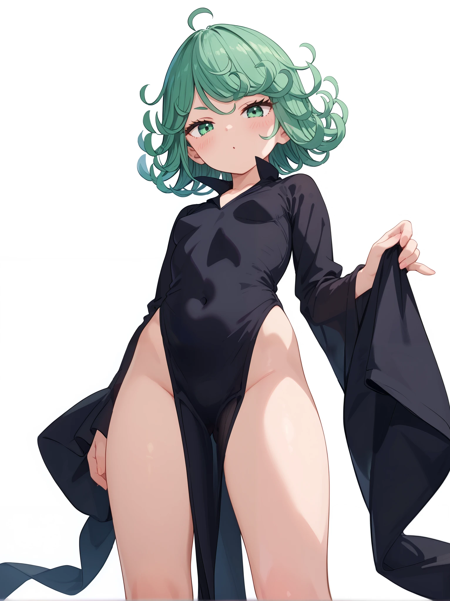 1girl, solo, green eyes, curly hair, green hair, bangs, blush, hair tossed, short hair, small breasts, thighs, long sleeves, dress, pelvic curtain, black dress, covered navel, (transparent, transparency degree 60%) detailed face、small breasts、revealing body, high detail, meaty thighs, high leg, ass visible through thighs, telekinesis, high heels, tatsumaki, one punch man, pornographic posture, seductive posture, NSFW, full body, looking at viewer, standing, legs spread, waving, waving arms, looking at viewer, white background, simple background, highly rendered, body ((curved:1.3)), viewing viewer from below, viewing from below, body (finished:1.3), looking at viewer, exposed, eventually revealed from below, pelvic curtain, dress, ass visible through thighs and frontal