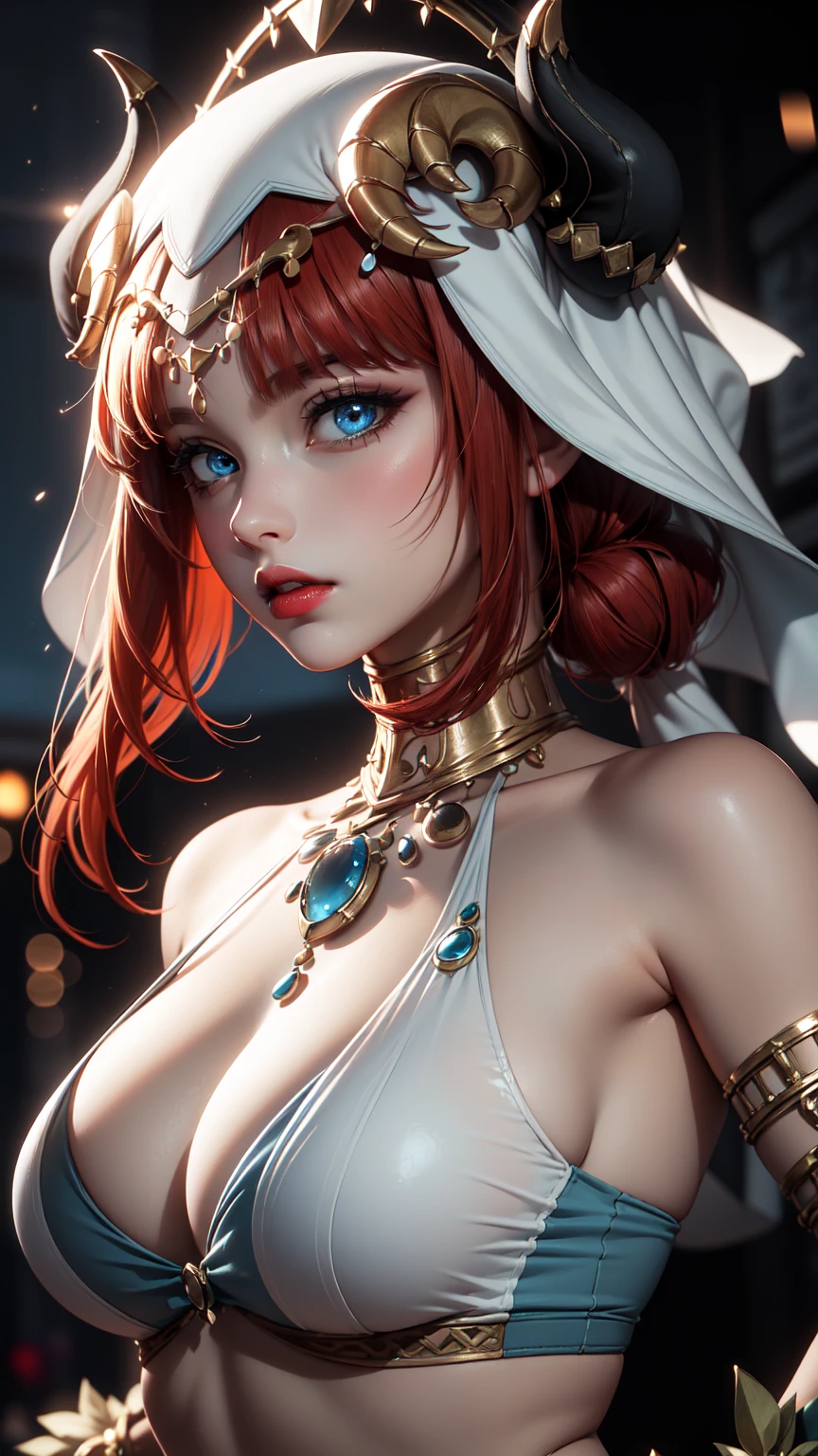 ((Masterpiece)),(Best Quality),((ultra-detailed)), (beautiful detailed face), depth of field,detailed,((beautiful detailed eyes)), big breasts, niloudef, portrait 3:4, belly dance pose, sensual, seductive. Theater stage background. smiling.
