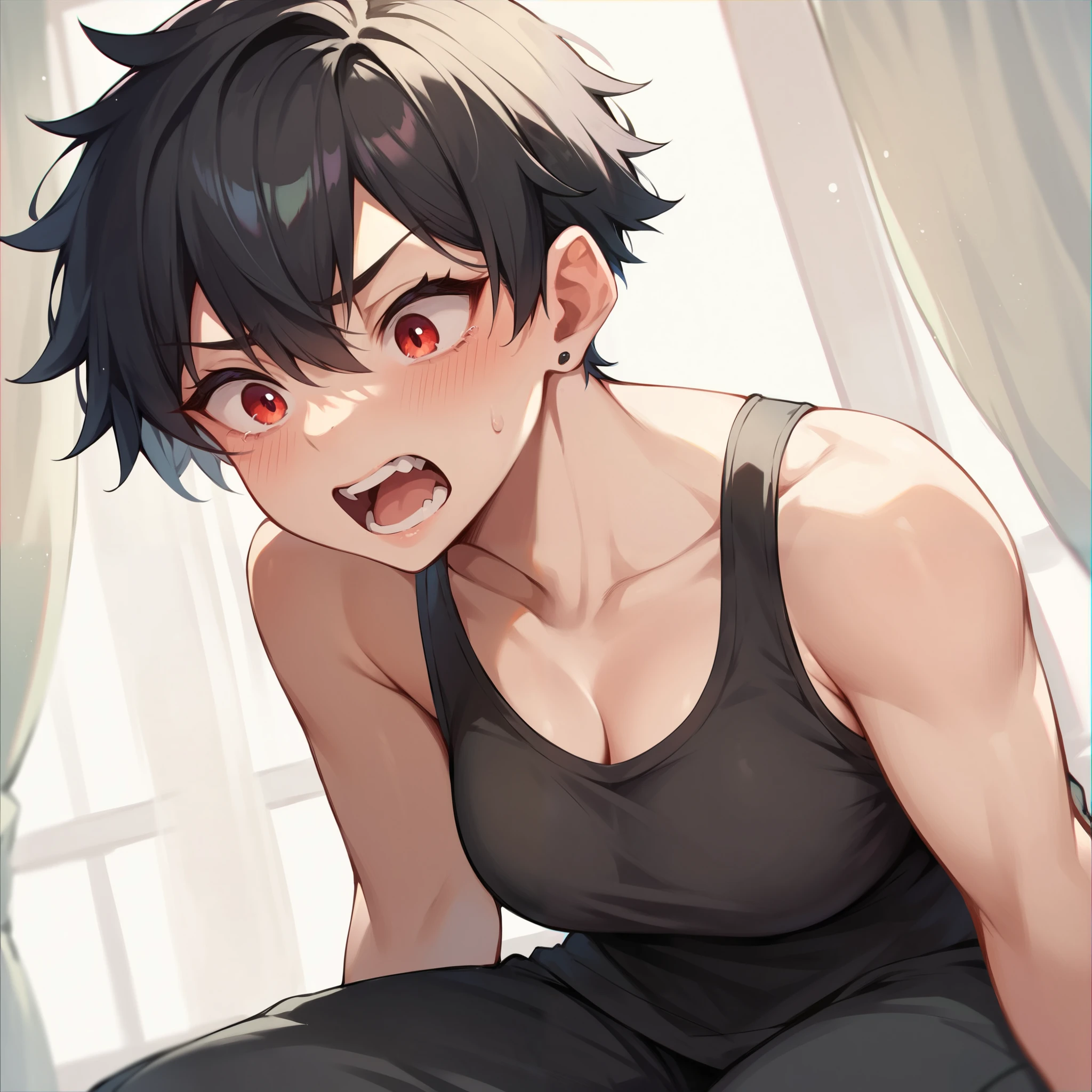 
1 girl, alone, ppka, black fur, short hair, messy fur, Ahoge, parts, parts por todo el cuerpo, grey eyes, blind eyes, kind eyes, very nervous, looking at the viewer, 
karate pants, white, sports bra, karate black belt, 
sitting on the floor, full of bruises, blood on the cheek, fighting, Kicking, kick mae geri (THERE IS GERI), fighting con el espectador