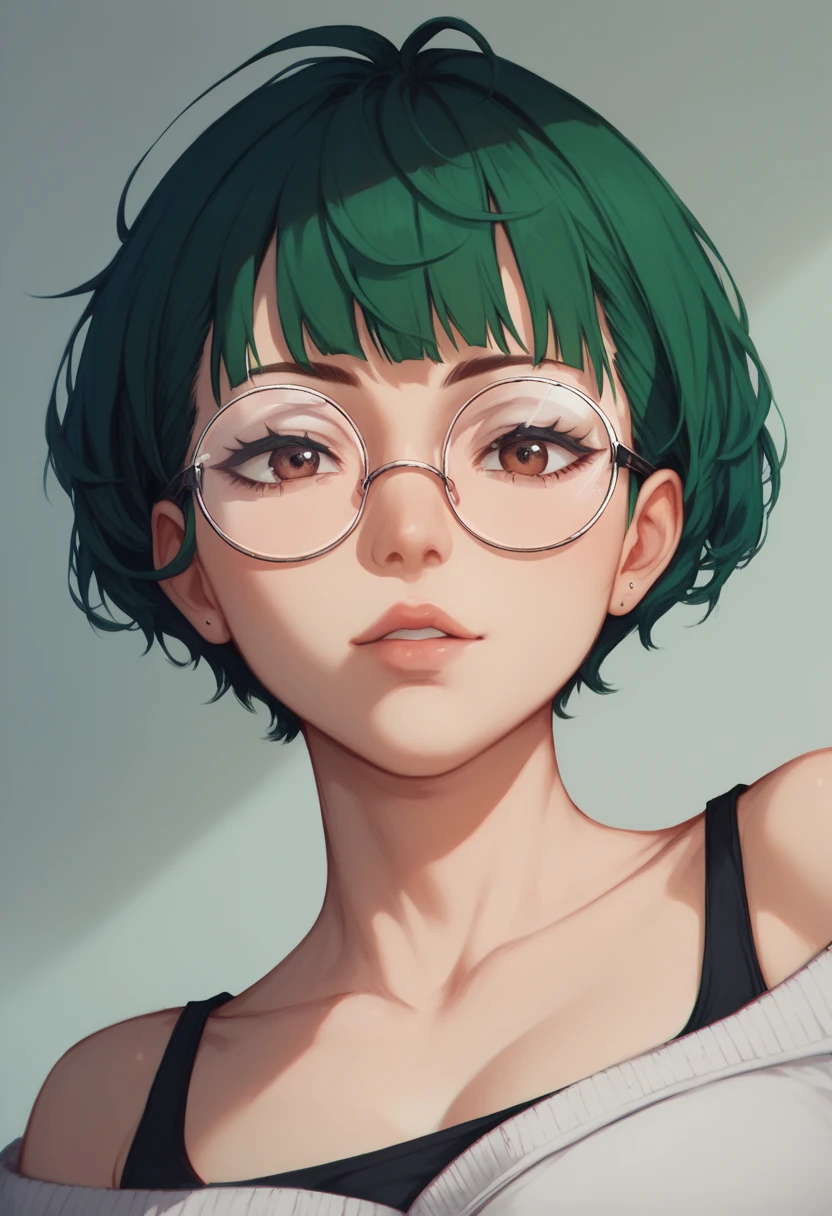 (/Maki Zenin/), Anime artstyle, metal round glasses, dark green hair, Brown eyes, NSFW