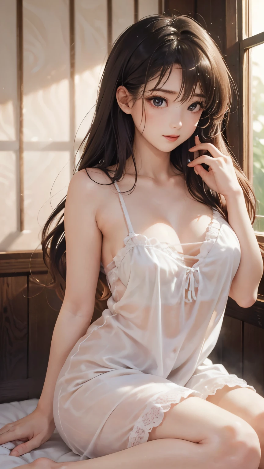 Best Quality,High resolution,8K,finelity detailed background,Masterpiece:1.2),beautiful girl,Shiny brown hair,parted bangs,Brown eyes,Gentle look,A refreshing look,Best quality,Best Quality,Aesthetic and aesthetic:1.2,Best details((Super detailed))(High-definition CG illustrations),Grey underwear (gray,intricate lace),Slender body,morning,morning日,Bedroom,On the bed,smile,blush,cute,Scrounge,Looking up,Being spoiled,super model,wariza,shoot from below