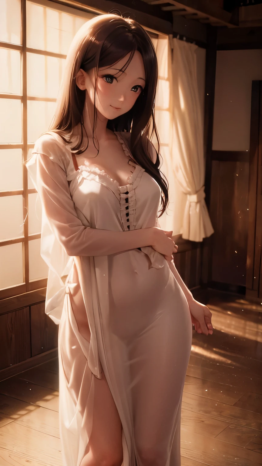 masterpiece,best quality, 1girl, solo, slight smile, dressed in laced nightgown, sexy pose, seductive, two 21yr old japanese girls, ultra realistic, rustic studio background, dynamic lighting, flowing hair basked in sunlight coming from the window, perfection