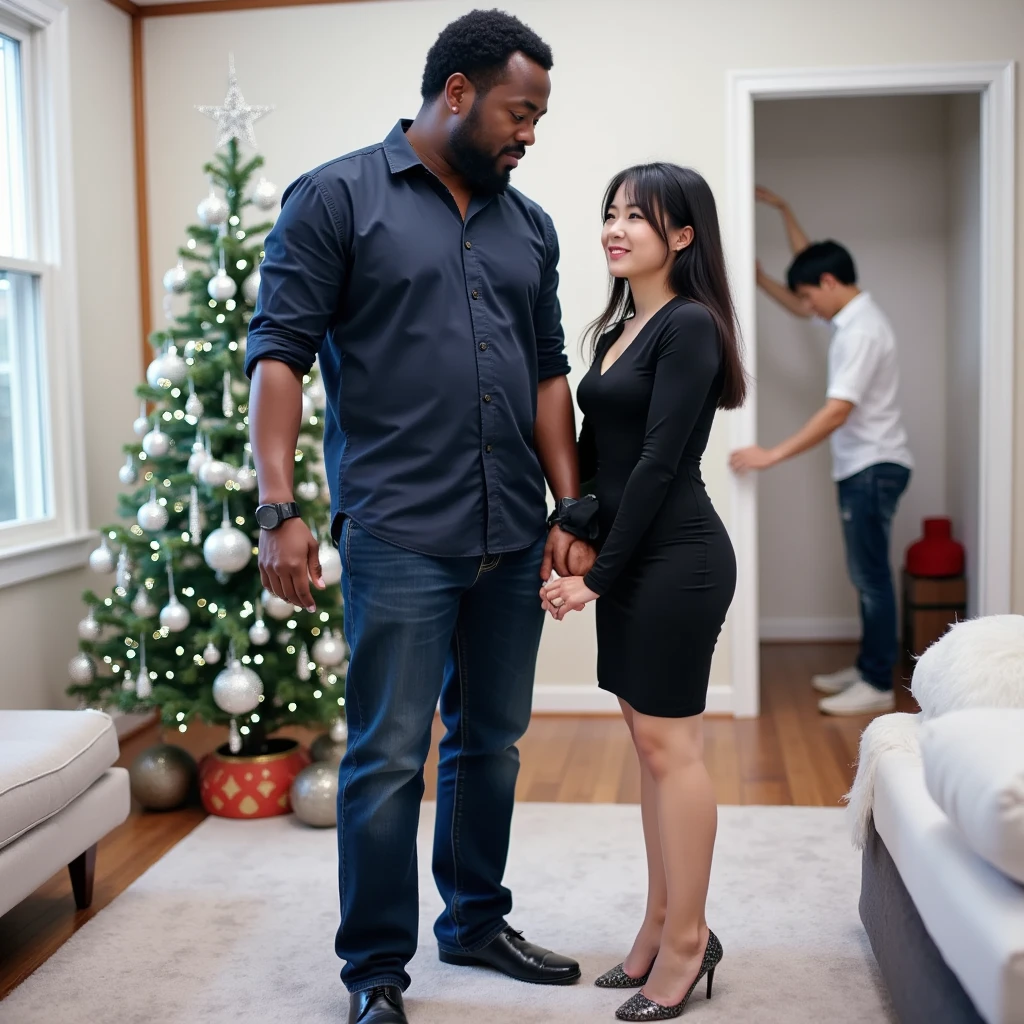 Tamina is shyly holding hands with a large African man while a skinny ...