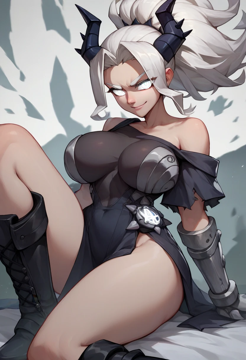 score_9, score_8_up, score_7_up, source_anime, solo, 1girl, htjudgement, gray skin, smile, white glowing eyes, white hair, ponytail, black horns, demon horns, big breasts, black off-shoulder dress, black pelvic curtain,  knee-high boots
