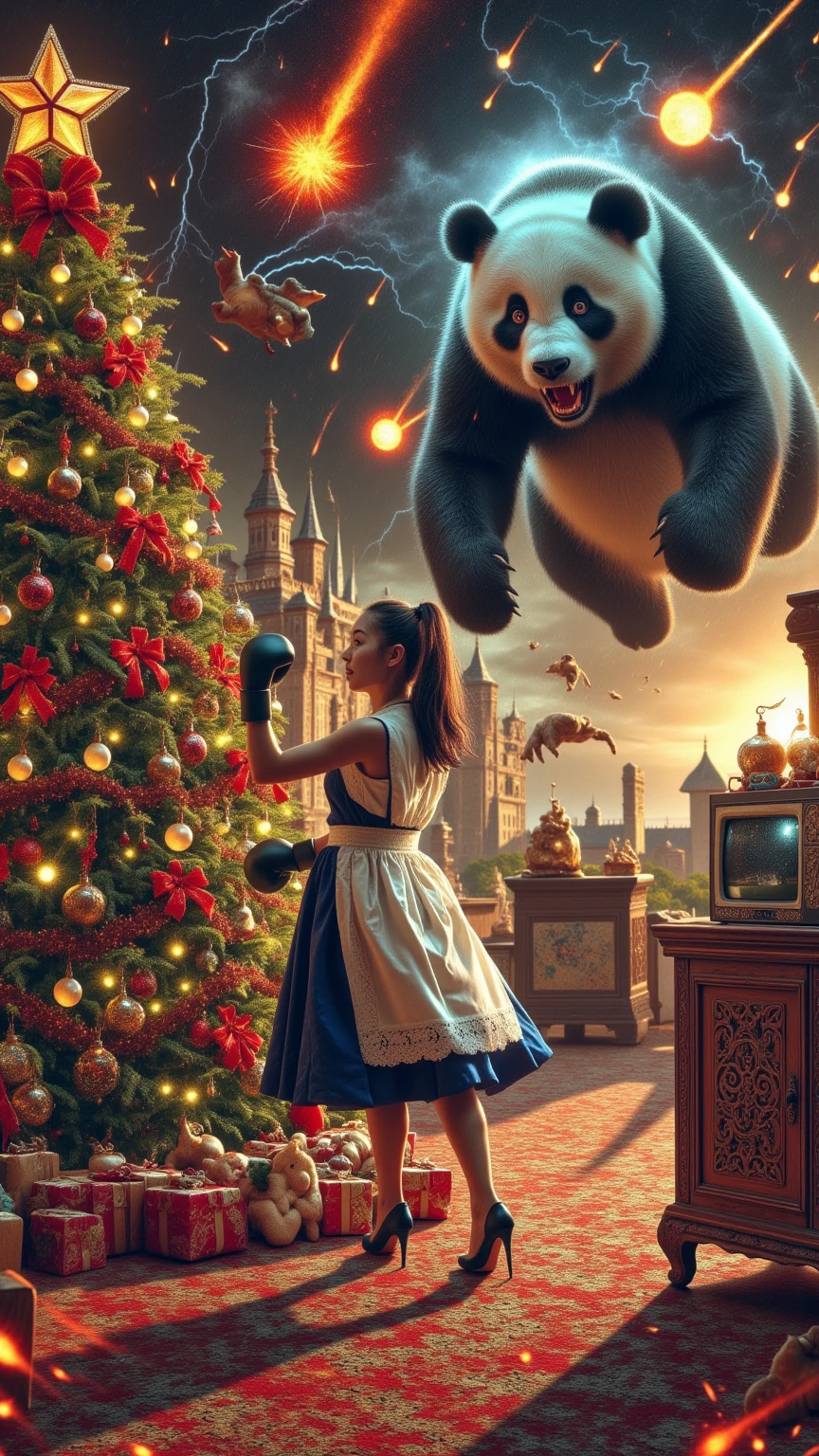 ultra-realistic, photorealistic, dramatic scene, shadow, global-illumination, solo, (a beautiful Japanese maid girl is decorating a Christmas tree in a antique room of the old European castle), cute colored maid costume, gorgeously antique furnishings, gorgeously decorated with Christmas decoration in the room, the large vintage TV displays\(Muay Thai fighter vs. terrifying man-eating panda, there are the shouting Muay Thai fighter and terrifying panda with fang, volcano, thunder, giant meteorite, galaxy, blackhole, missile, explosion, Muay Thai fighter shows extremely painful expressions\), bright ceiling lighting in the room, peaceful sunny day, she is looking back and showing a gentle smile, dynamic angle, flying terrifying panda