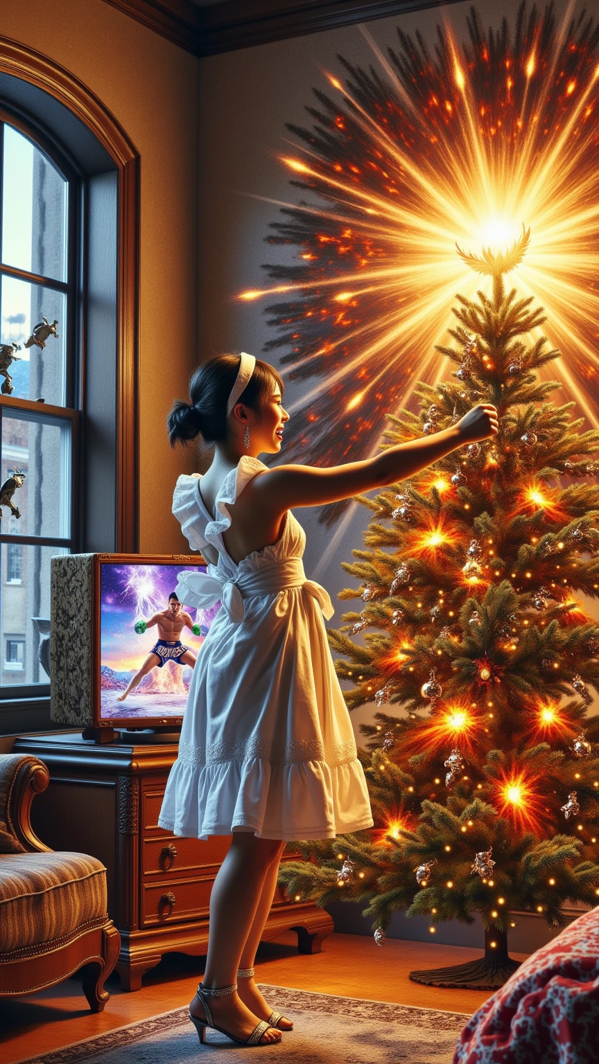 ultra-realistic, photorealistic, dramatic scene, shadow, global-illumination, solo, (a beautiful Japanese maid girl is decorating a Christmas tree in a antique room of the old European castle), cute colored maid costume, gorgeously antique furnishings, gorgeously decorated with Christmas decoration in the room, the large vintage TV displays\(Muay Thai fighter vs. terrifying man-eating panda, there are the shouting Muay Thai fighter and terrifying panda with fang, volcano, thunder, giant meteorite, galaxy, blackhole, missile, explosion, Muay Thai fighter shows extremely painful expressions\), bright ceiling lighting in the room, peaceful sunny day, she is looking back and showing a gentle smile, dynamic angle, flying terrifying panda