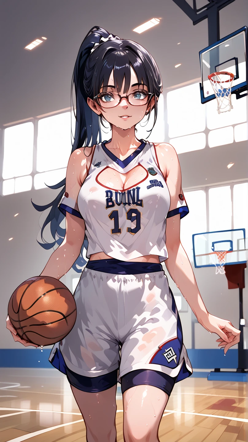  black hair ,  long hair,  ponytail, Glasses, Basketball, Basketball uniform, sweaty, Alone on the square , dimly lit gym