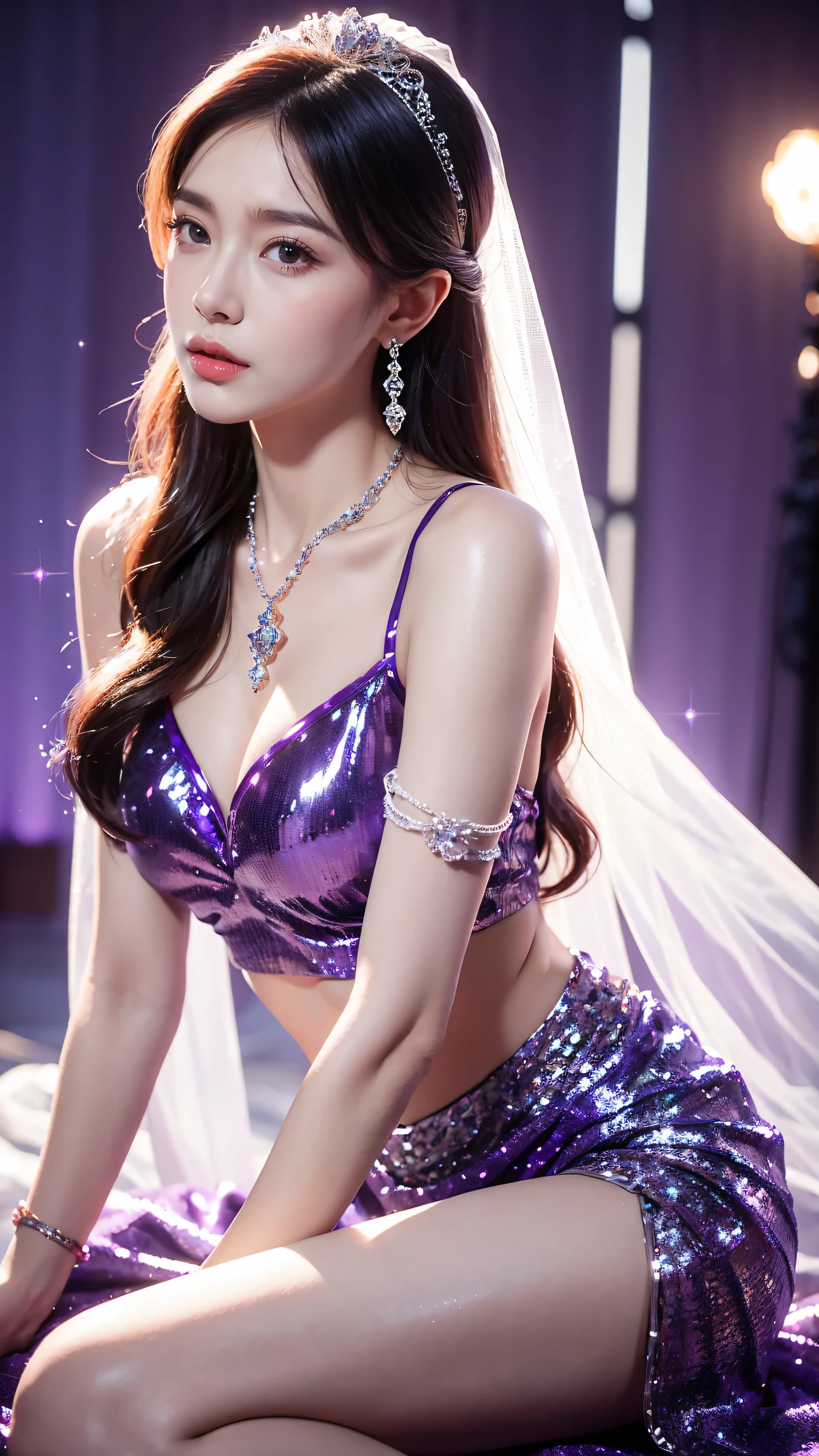 jirafa vestida con lencería morada y sosteniendo una bolso negra and golden eyes, bold traje rave, traje rave, traje de fantasía, wild traje rave,, Piel de naranja y pelo largo y ardiente., bella delfina, intrincado conjunto de látex, encaje, cosplay glamoroso, tomada a principios de la década de 2020, traje intrincado , Físico : el abdomen más pequeño jamás visto, jisoo from blackpink, popular south korean makeup, quality detailed ,(beautiful makeup :1.2), Wide hips, big, big ass, (best quality, 8K, masterpiece: 1.3), Clear focus: 1.2, Perfect body beauty: 1.4, strong abs, Very detailed face and skin texture. , detailed eyes, double eyelids, (long hair), having very marked curves, with greater volume in ((hips and breasts)), which makes the waist look much smaller ((wasp waist))